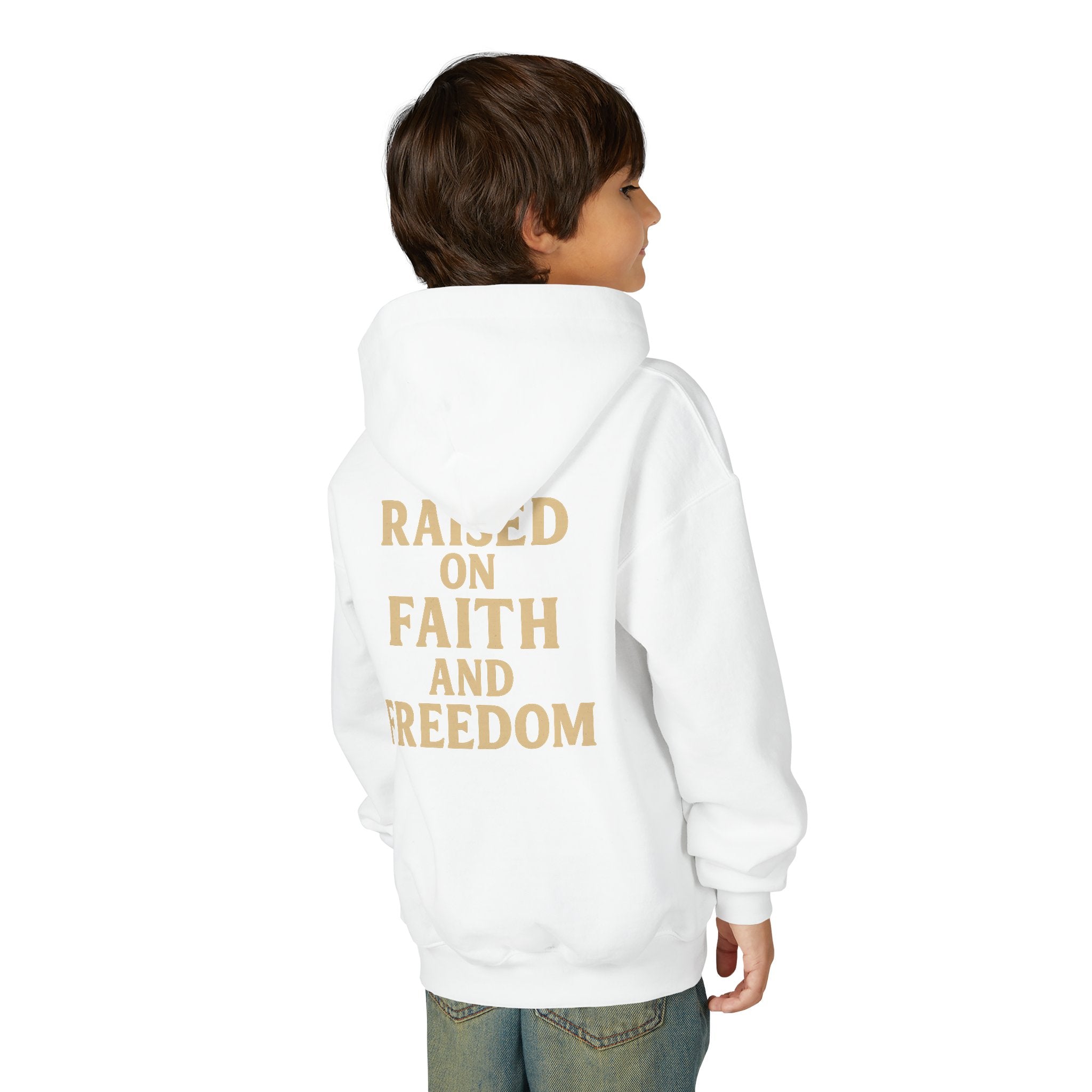 Youth Hoodie — "Raised on Faith and Freedom" Back Print
