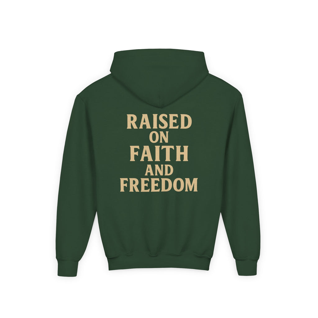 Youth Hoodie — "Raised on Faith and Freedom" Back Print