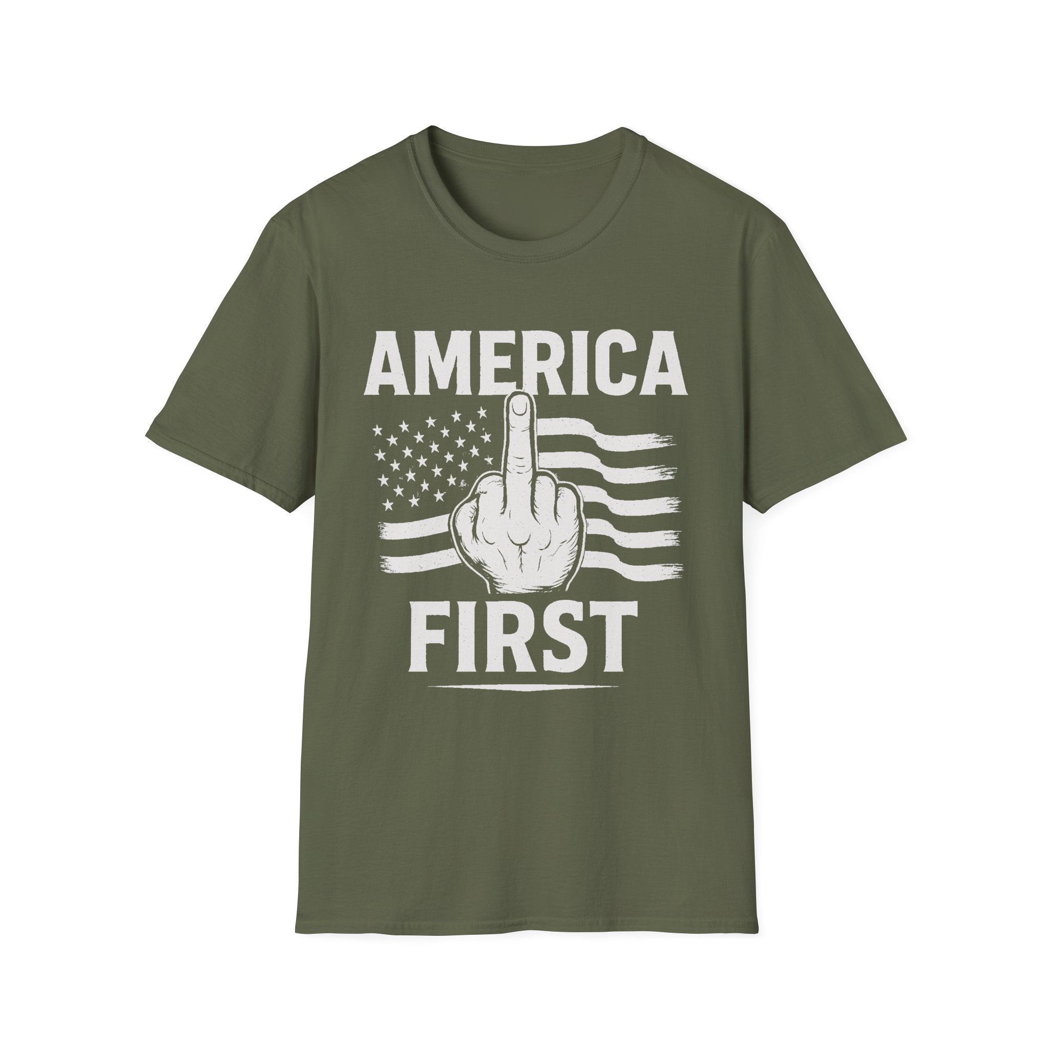 America First T-Shirt – Bold Patriotic Graphic Tee with Middle Finger Flag Design