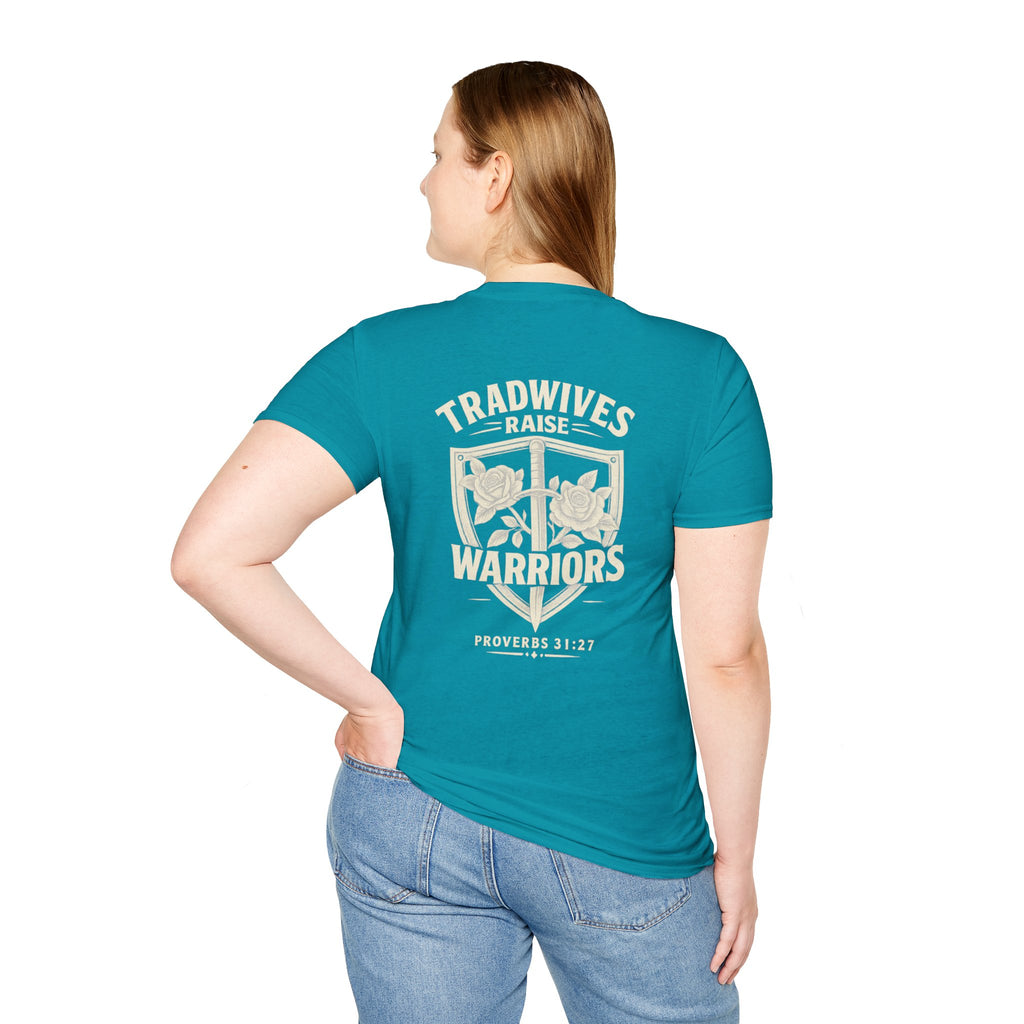 Tradwives Raise Warriors T-Shirt — Retro Shield Back Graphic & Small Chest Logo