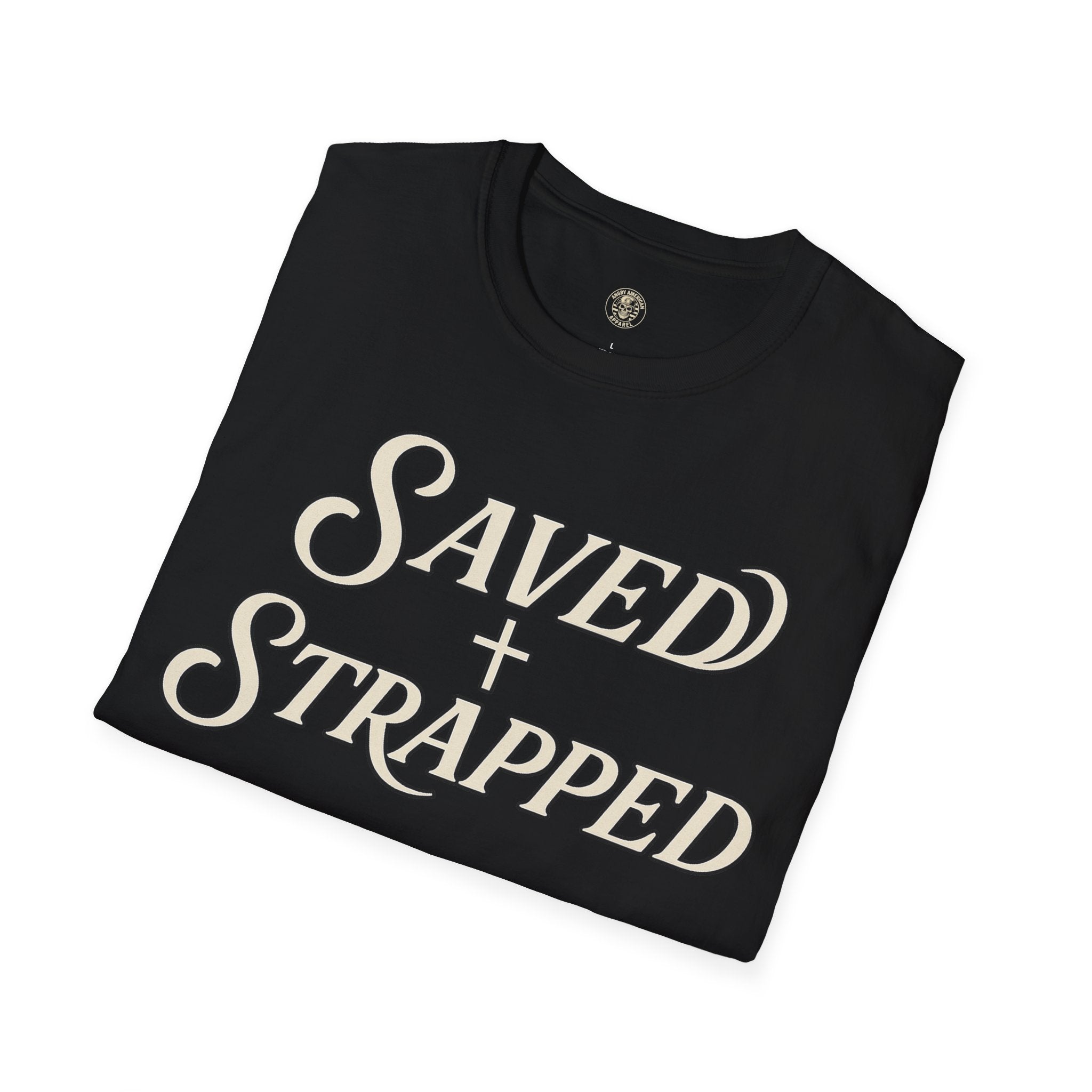 Saved + Strapped T-Shirt — Vintage Script Christian Faith Tee
