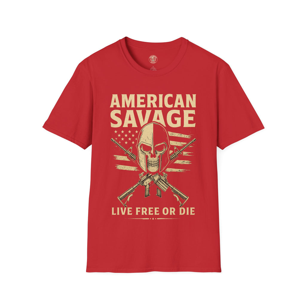 American Savage T-Shirt – "Live Free or Die" Skull & Flag Graphic