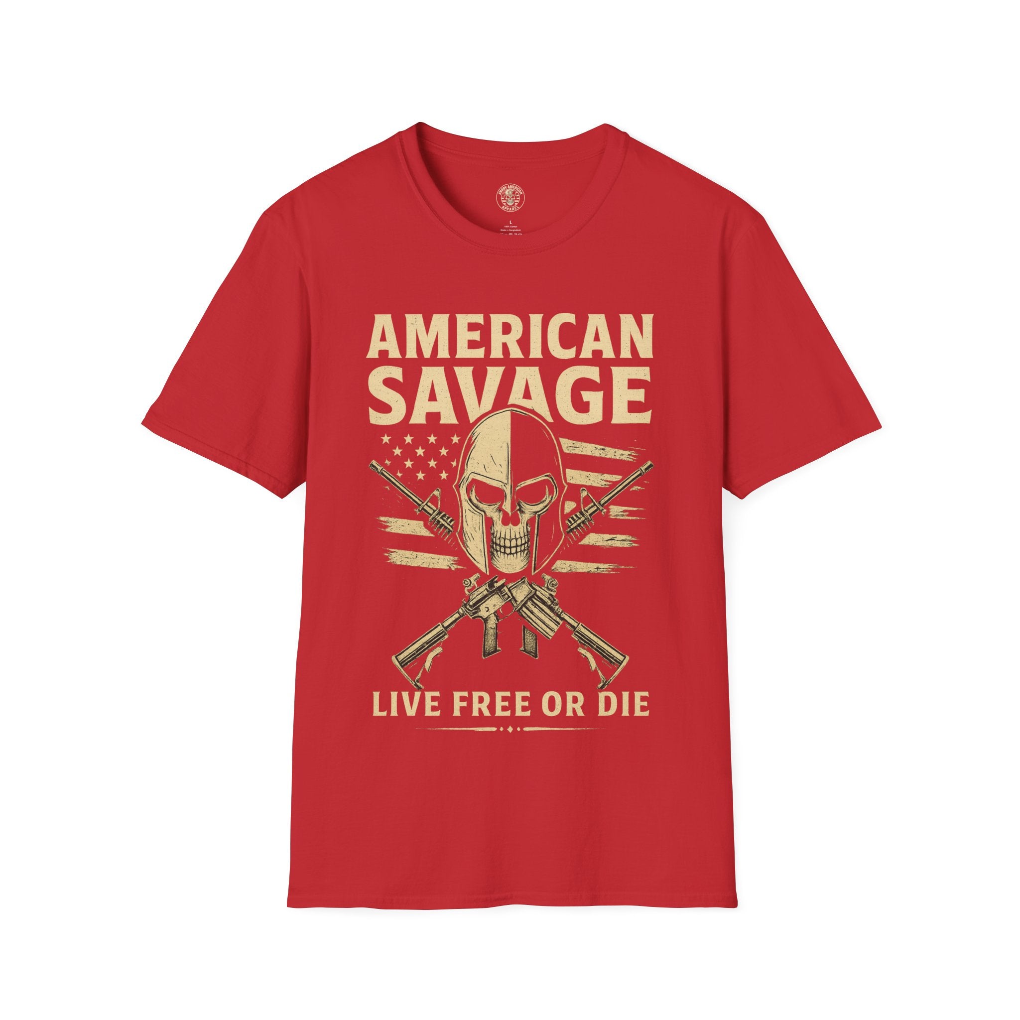 American Savage T-Shirt – "Live Free or Die" Skull & Flag Graphic