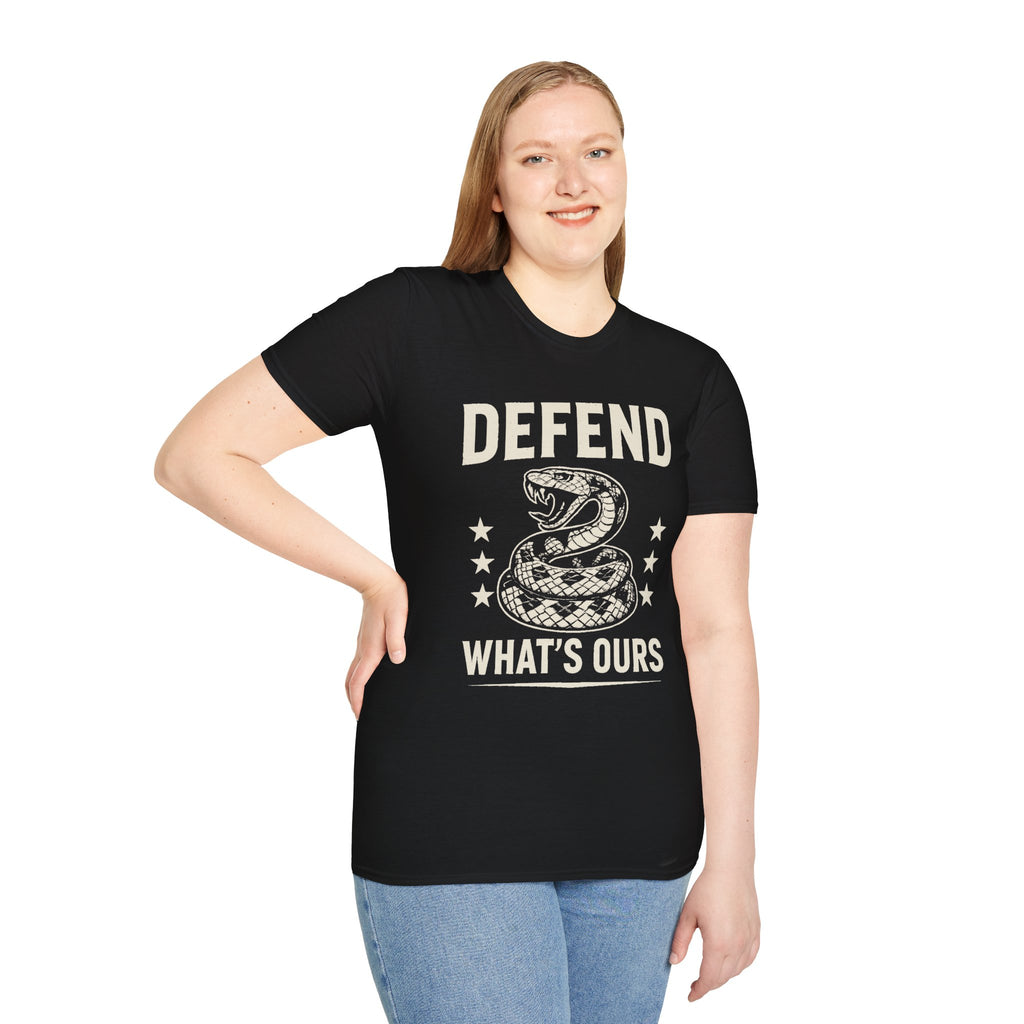 Defend What's Ours T-Shirt — Vintage Coiled Snake Patriotic Graphic Tee