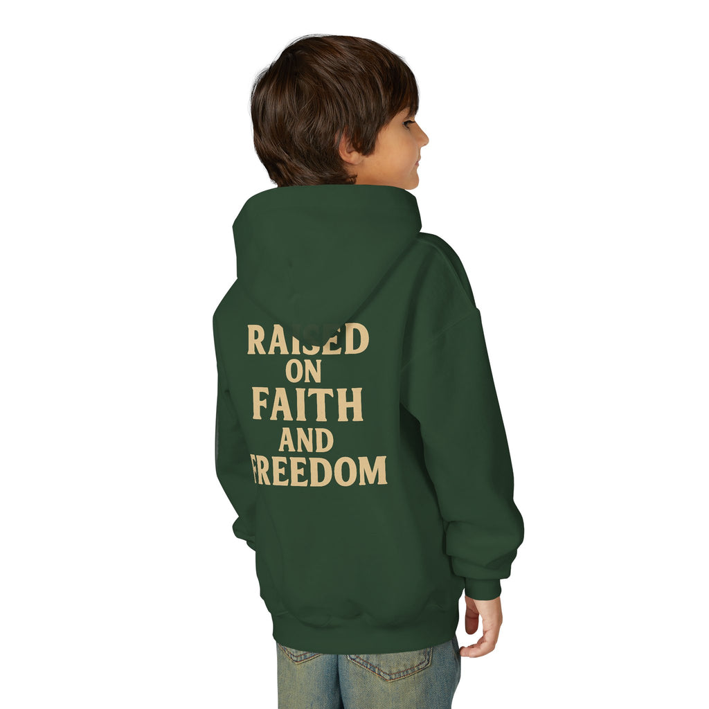 Youth Hoodie — "Raised on Faith and Freedom" Back Print