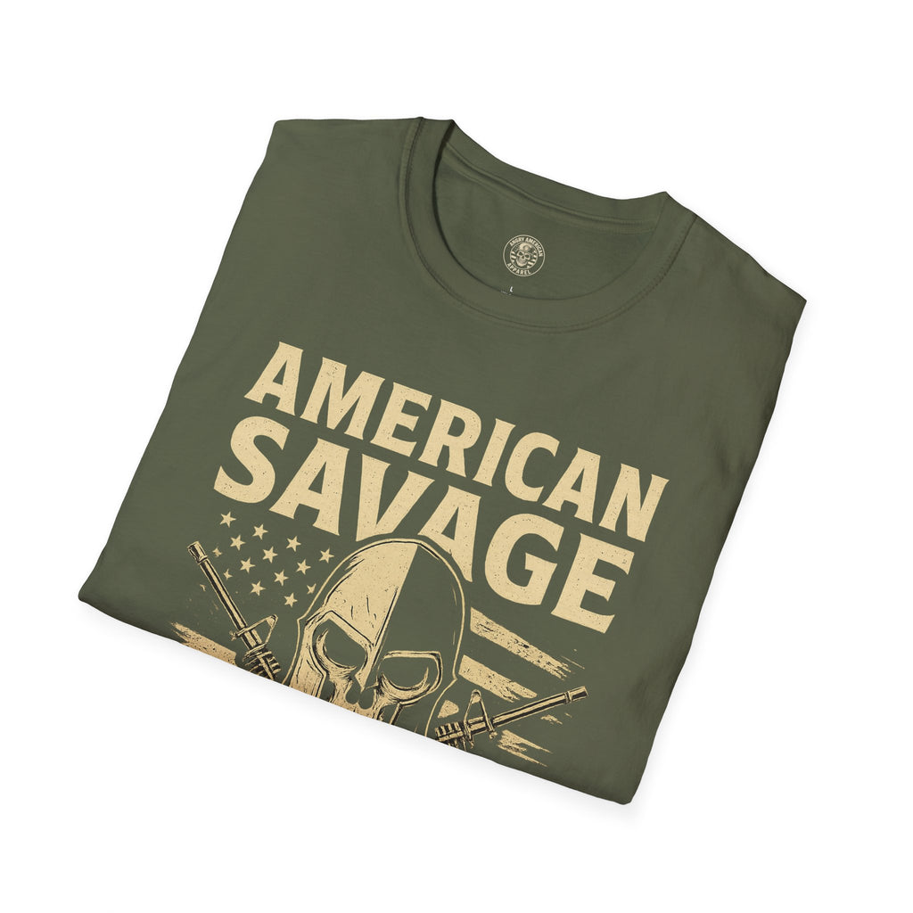 American Savage T-Shirt – "Live Free or Die" Skull & Flag Graphic
