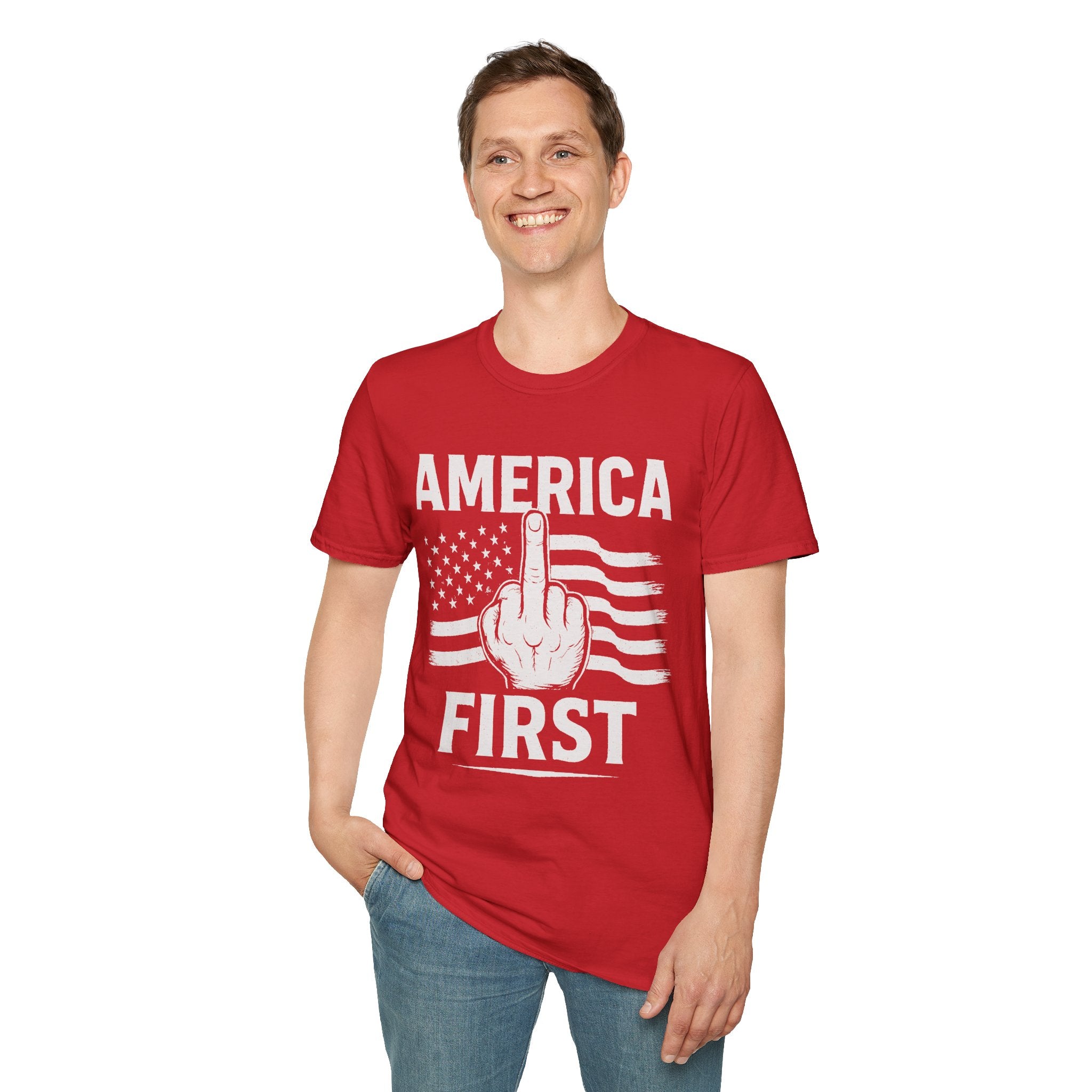 America First T-Shirt – Bold Patriotic Graphic Tee with Middle Finger Flag Design
