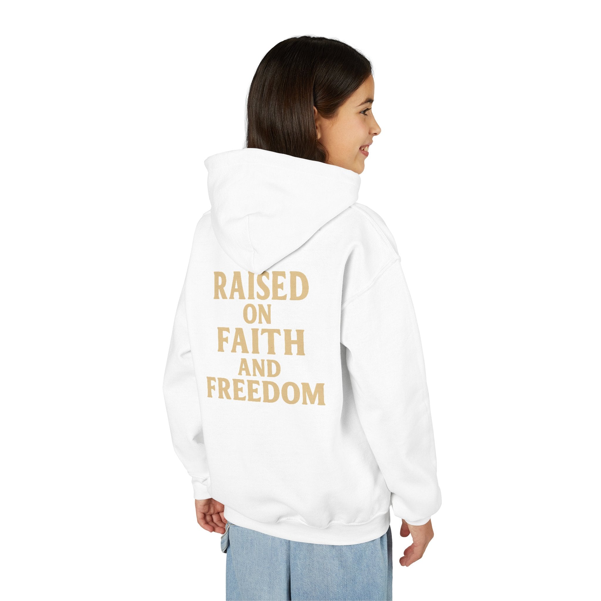 Youth Hoodie — "Raised on Faith and Freedom" Back Print