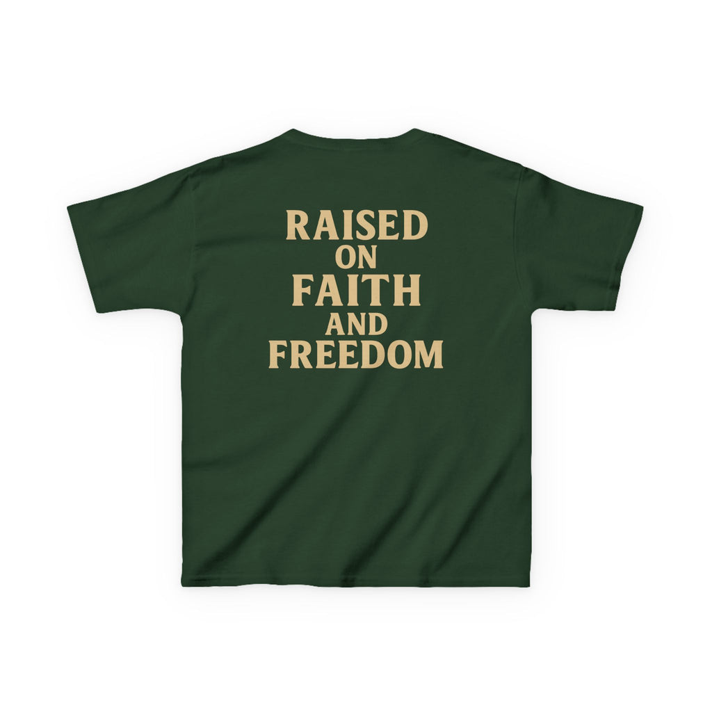 Kids T‑Shirt — 'Raised on Faith and Freedom' Patriotic Youth Tee