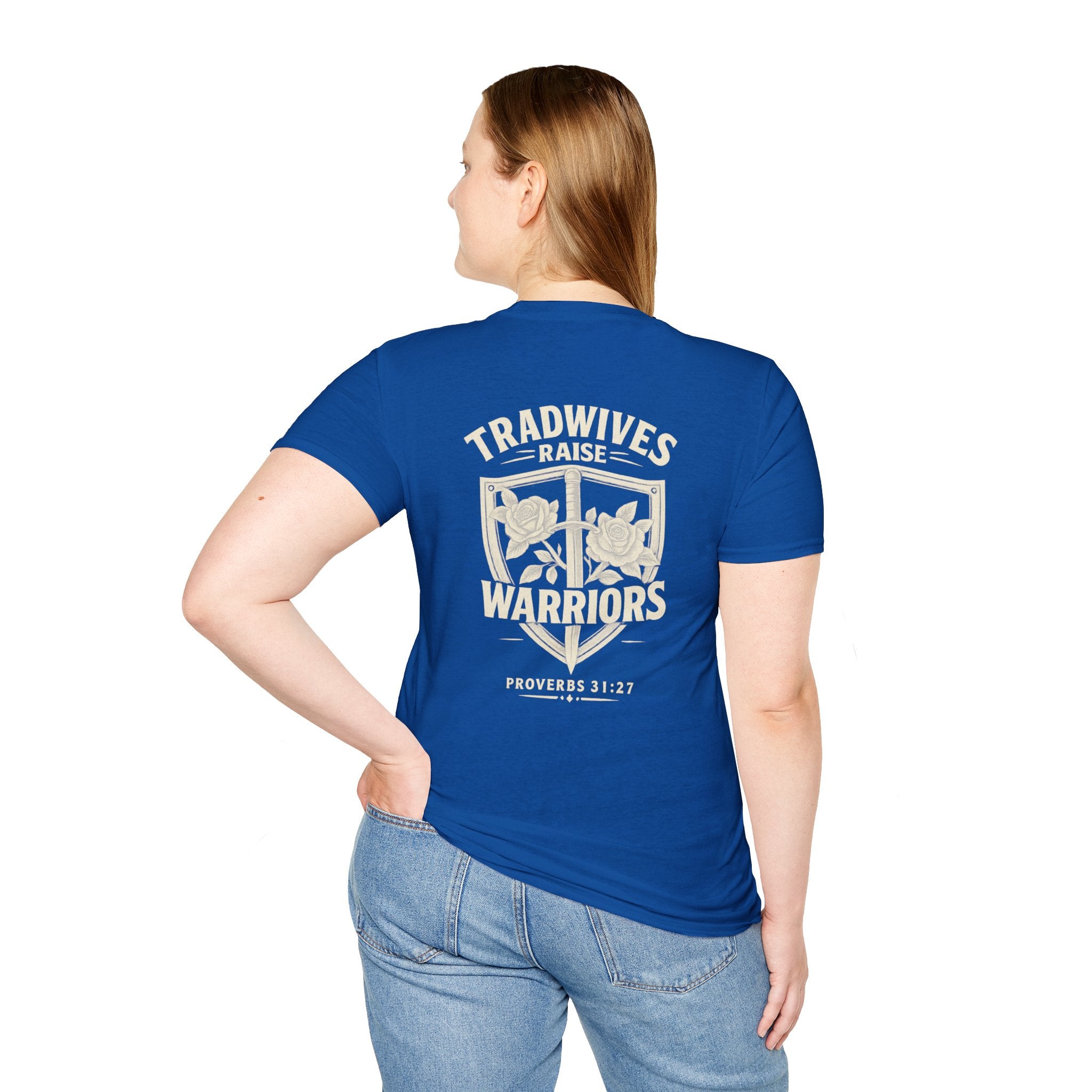 Tradwives Raise Warriors T-Shirt — Retro Shield Back Graphic & Small Chest Logo