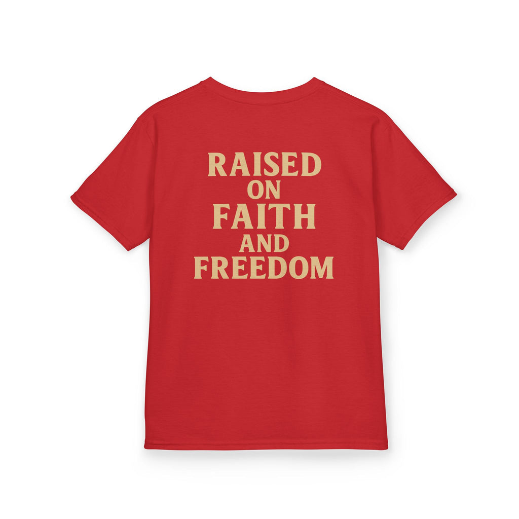 Kids T‑Shirt — 'Raised on Faith and Freedom' Patriotic Youth Tee