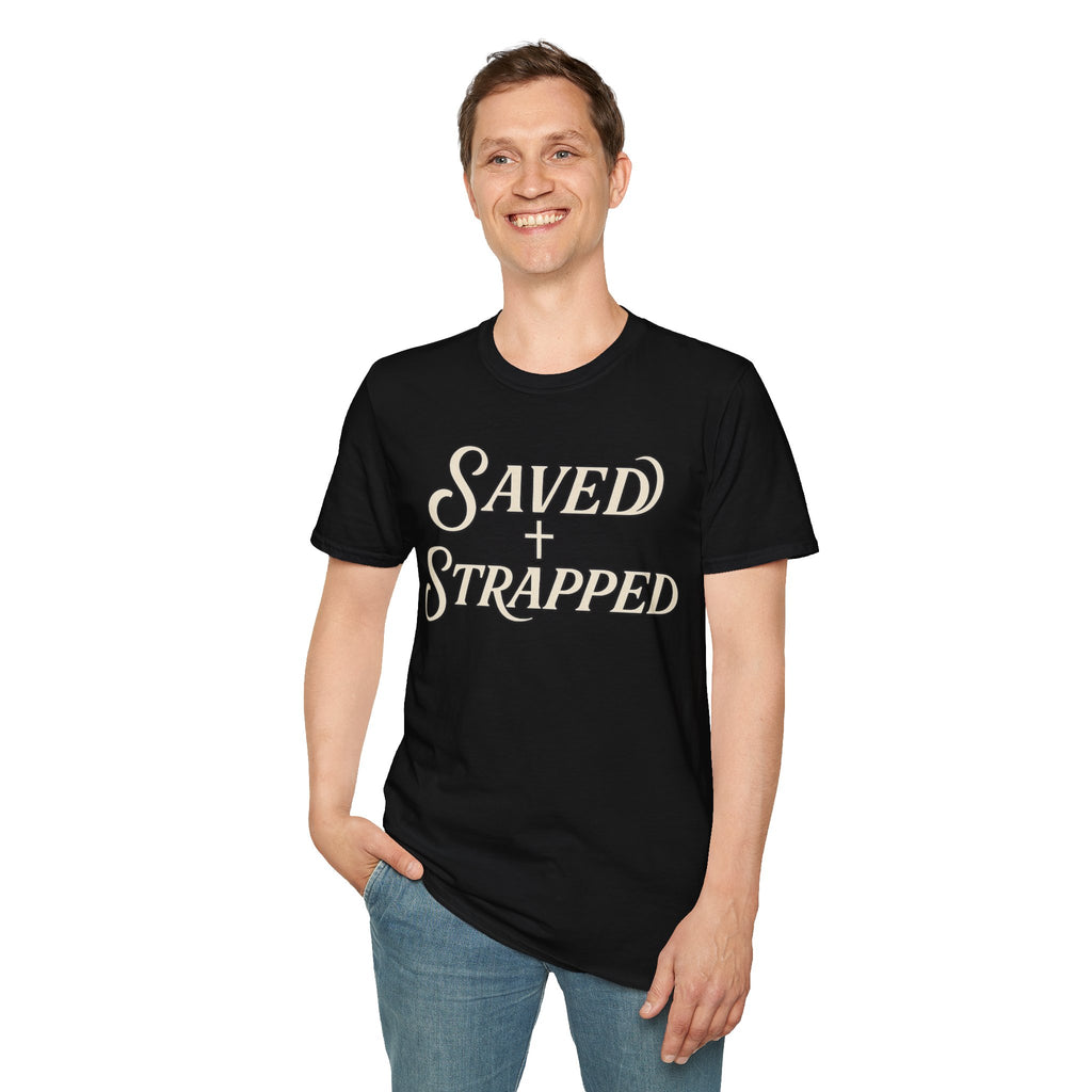 Saved + Strapped T-Shirt — Vintage Script Christian Faith Tee