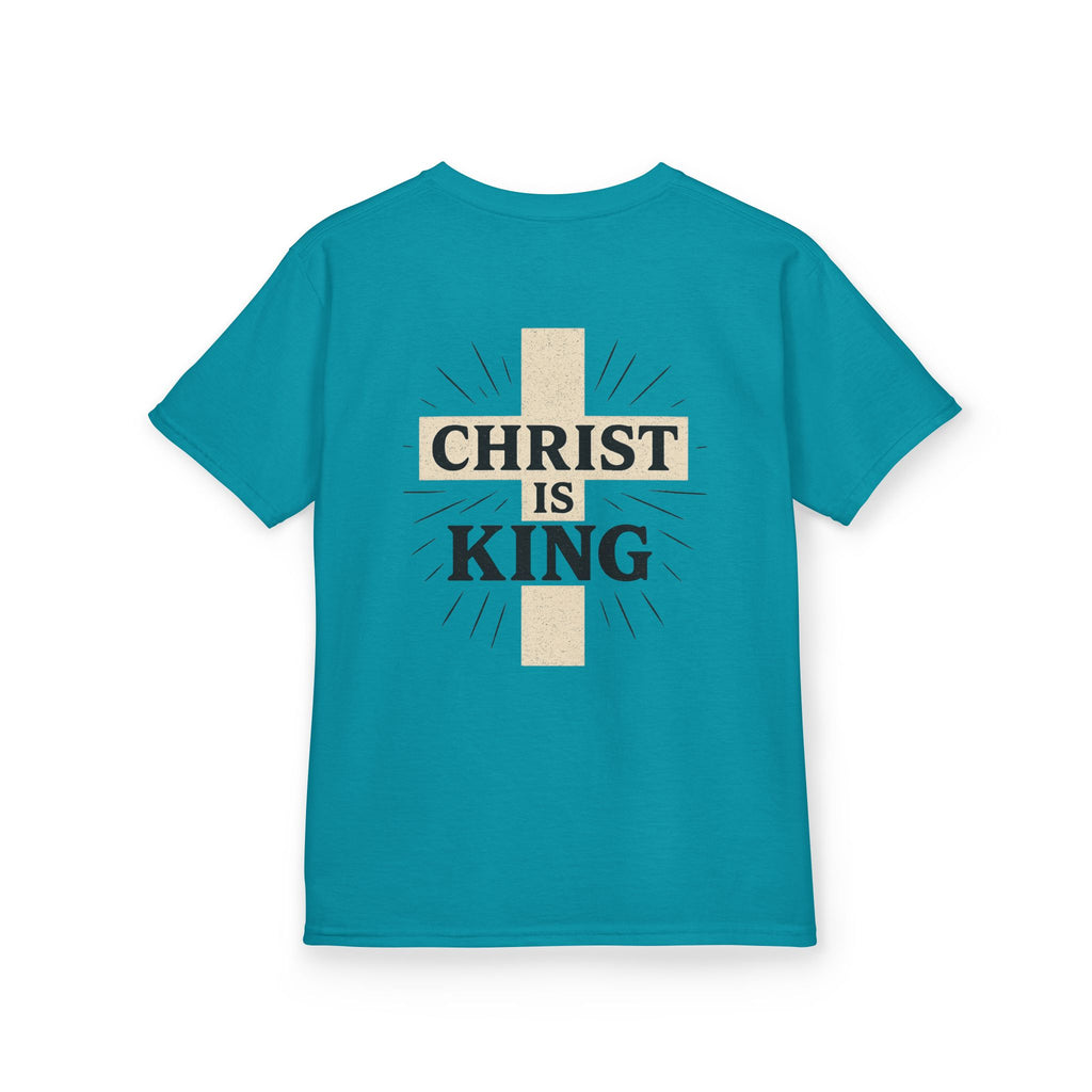 Kids Tee — "Christ Is King" Cross Back Christian Shirt