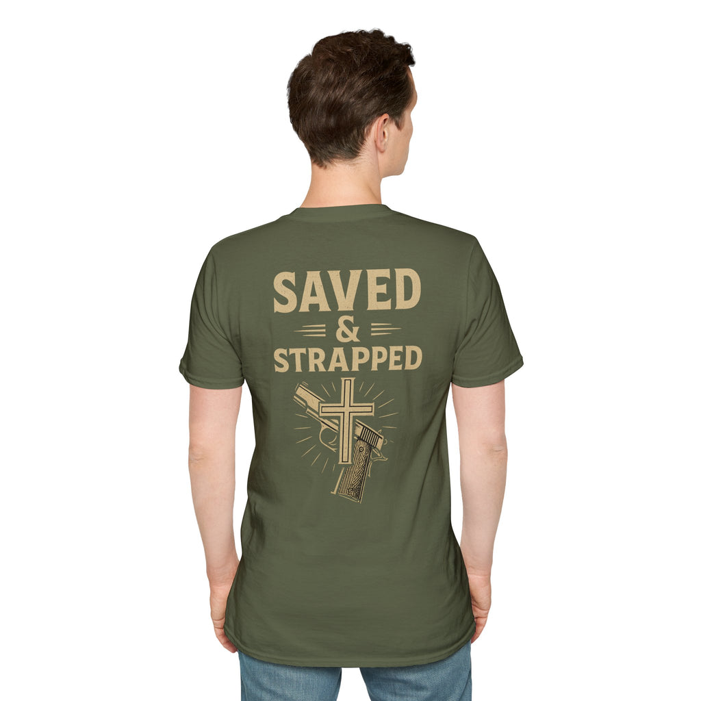 Saved & Strapped T-Shirt — Christian Faith & Firearm Graphic Tee