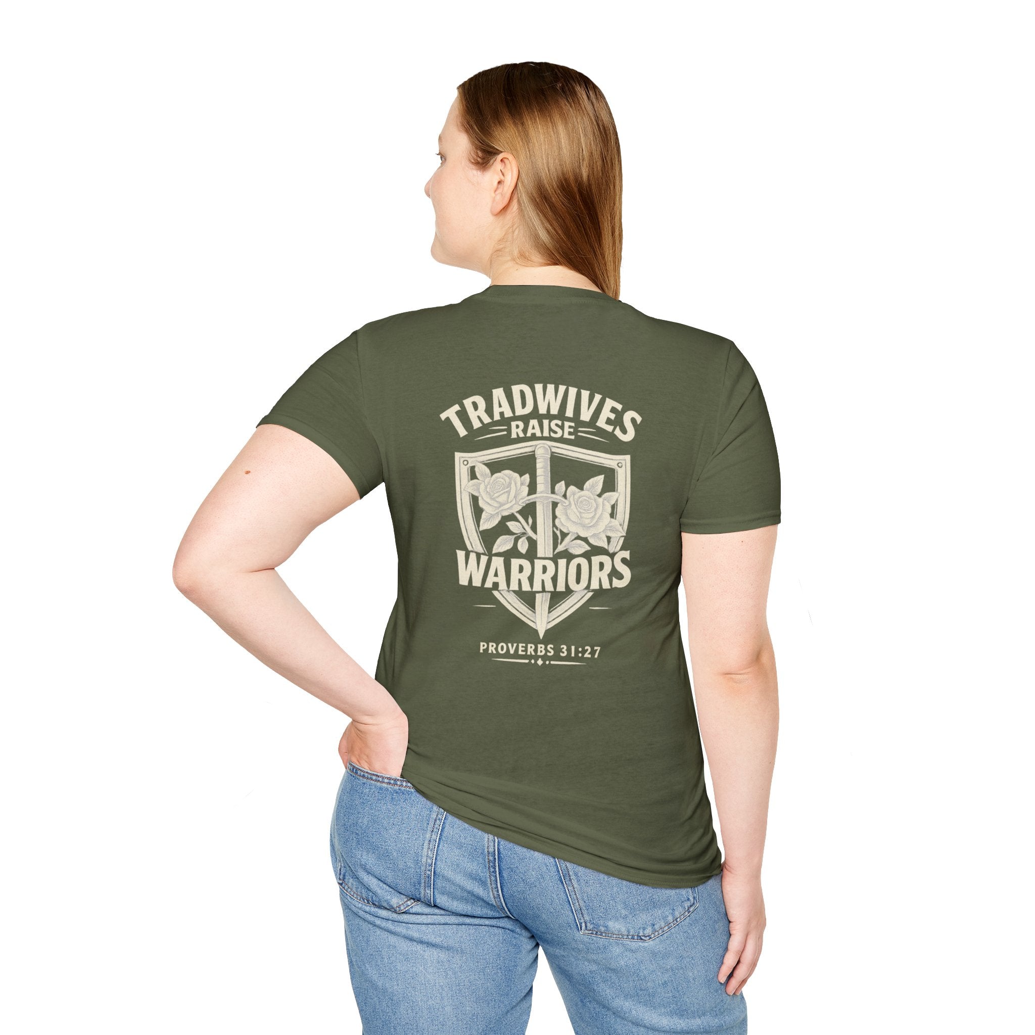 Tradwives Raise Warriors T-Shirt — Retro Shield Back Graphic & Small Chest Logo