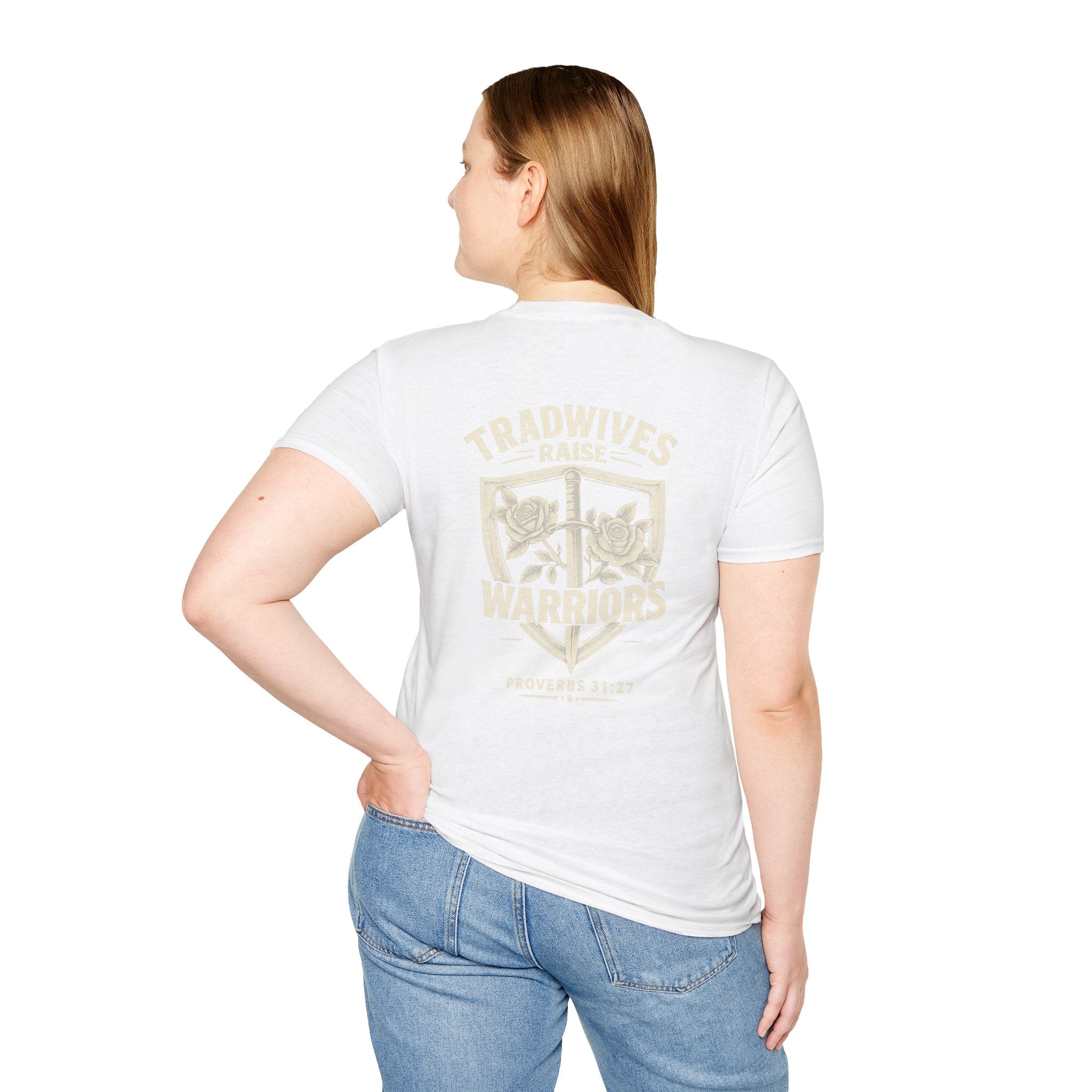 Tradwives Raise Warriors T-Shirt — Retro Shield Back Graphic & Small Chest Logo