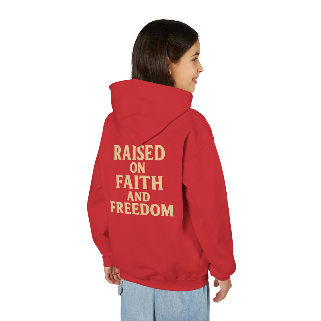 Youth Hoodie — "Raised on Faith and Freedom" Back Print