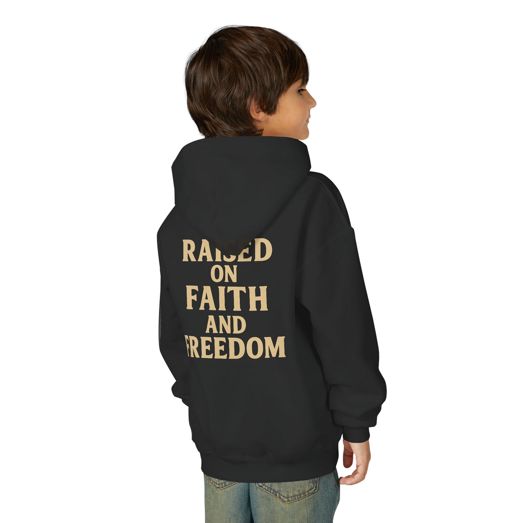 Youth Hoodie — "Raised on Faith and Freedom" Back Print