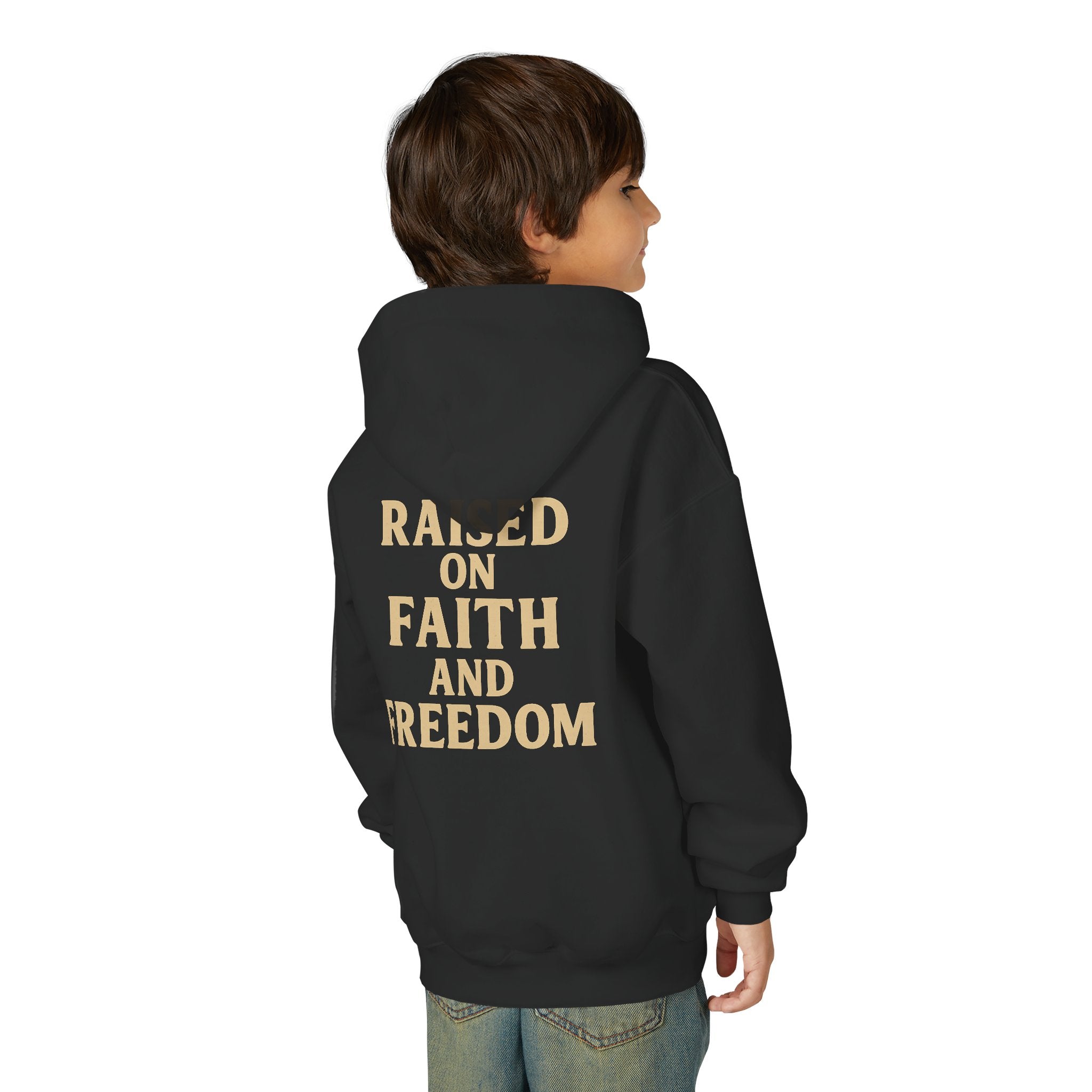 Youth Hoodie — "Raised on Faith and Freedom" Back Print