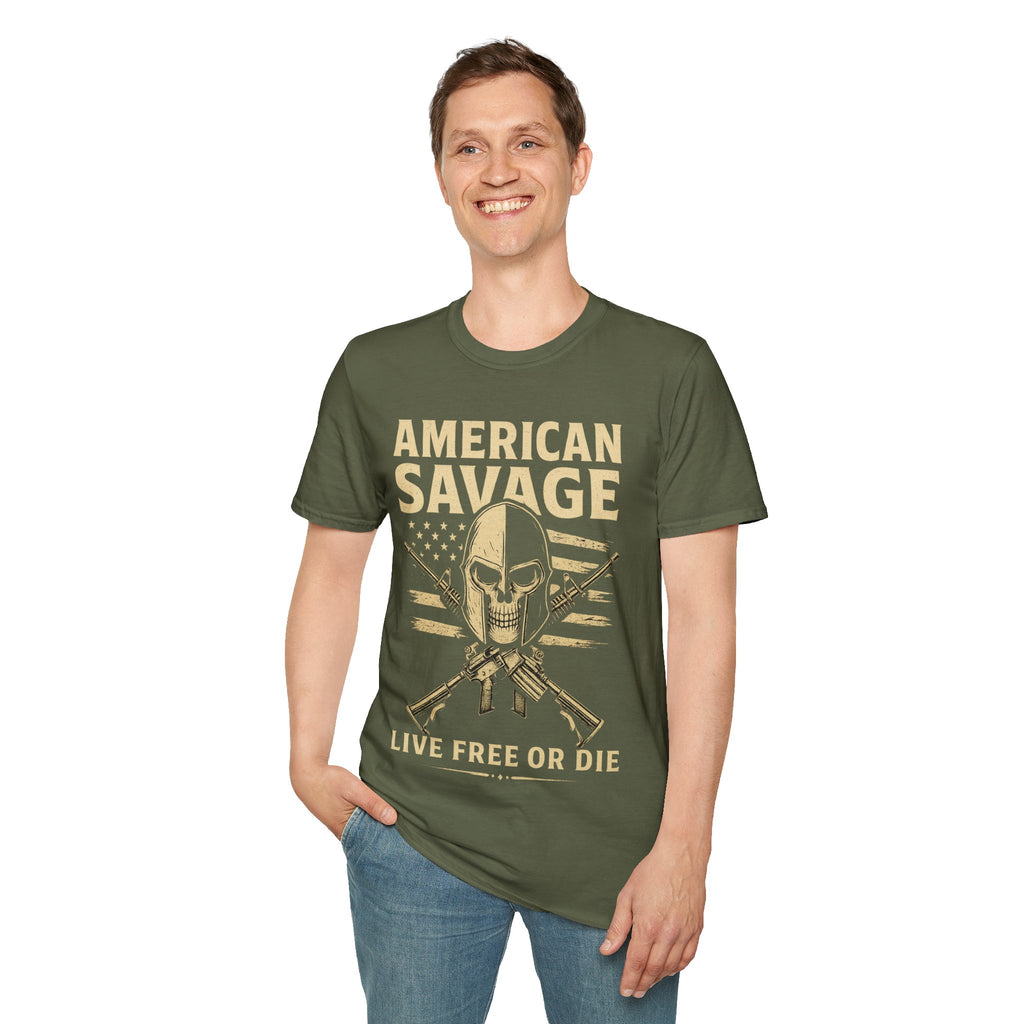 American Savage T-Shirt – "Live Free or Die" Skull & Flag Graphic