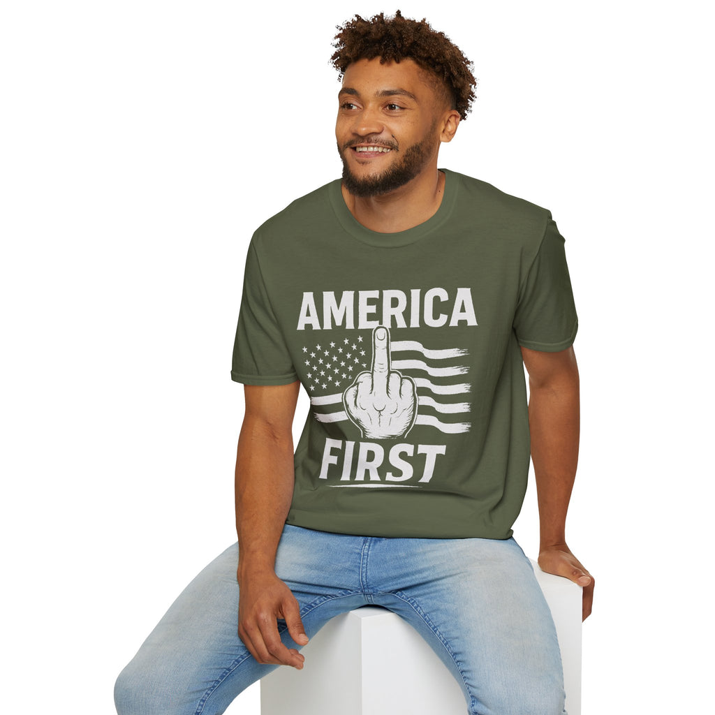 America First T-Shirt – Bold Patriotic Graphic Tee with Middle Finger Flag Design