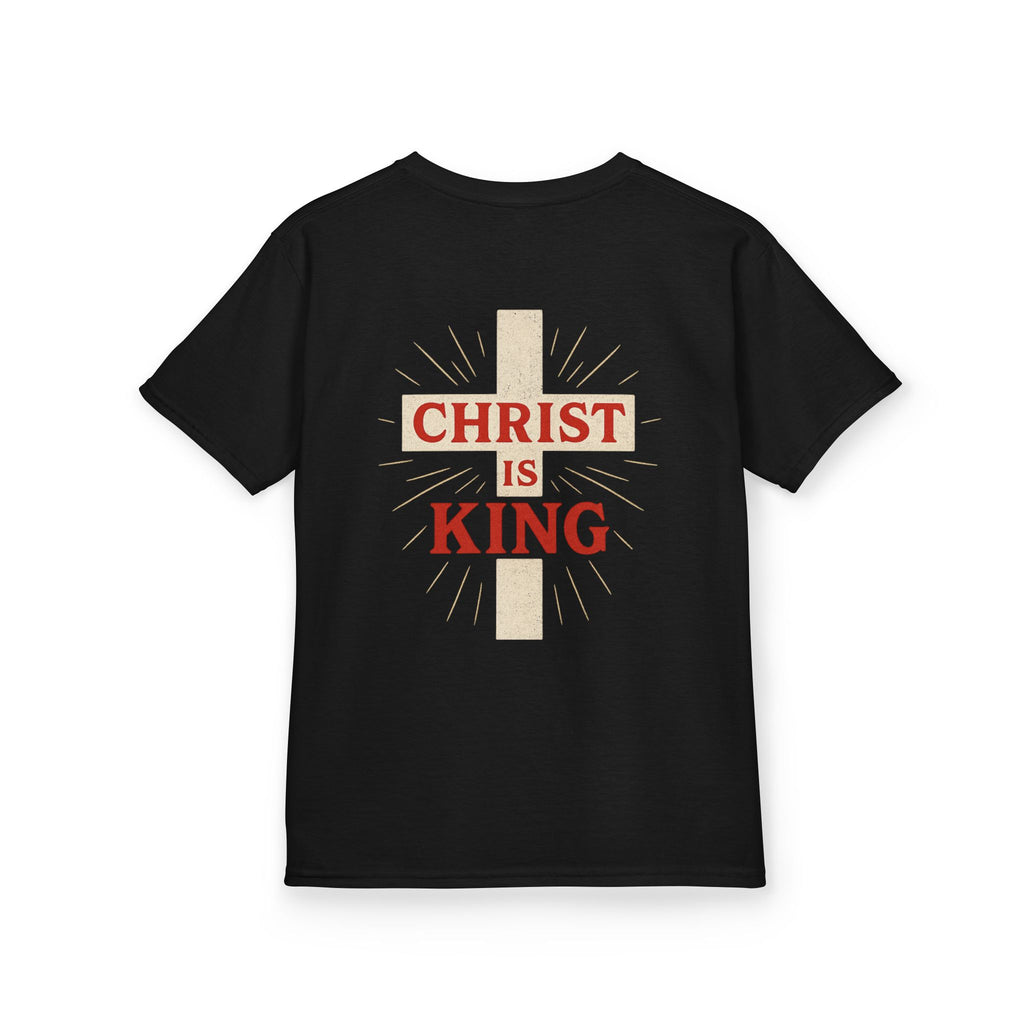 Kids Tee — "Christ Is King" Cross Back Christian Shirt