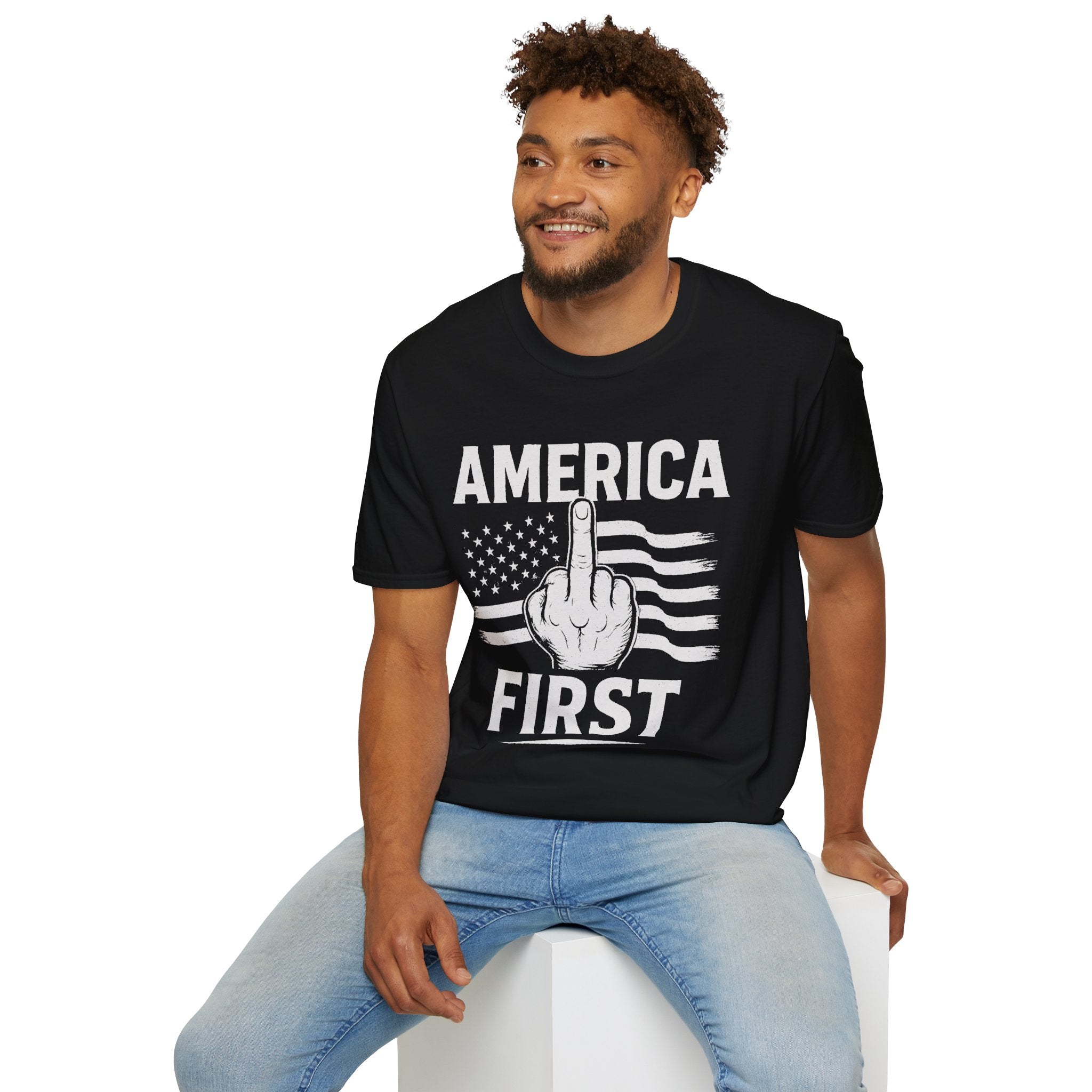 America First T-Shirt – Bold Patriotic Graphic Tee with Middle Finger Flag Design