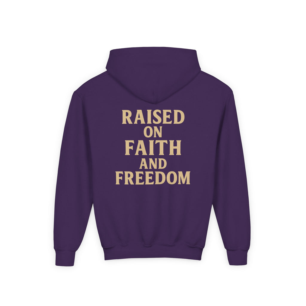Youth Hoodie — "Raised on Faith and Freedom" Back Print