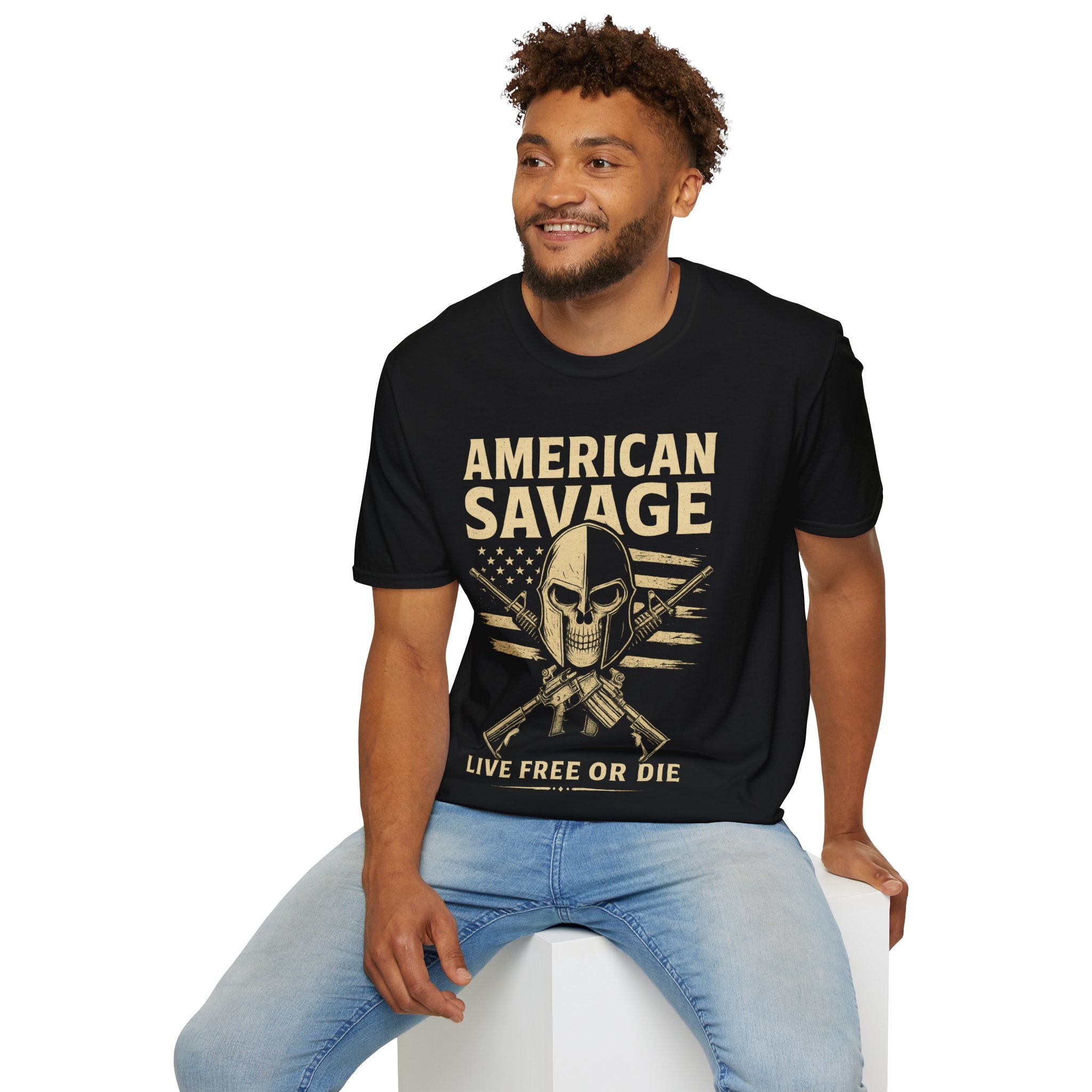 American Savage T-Shirt – "Live Free or Die" Skull & Flag Graphic