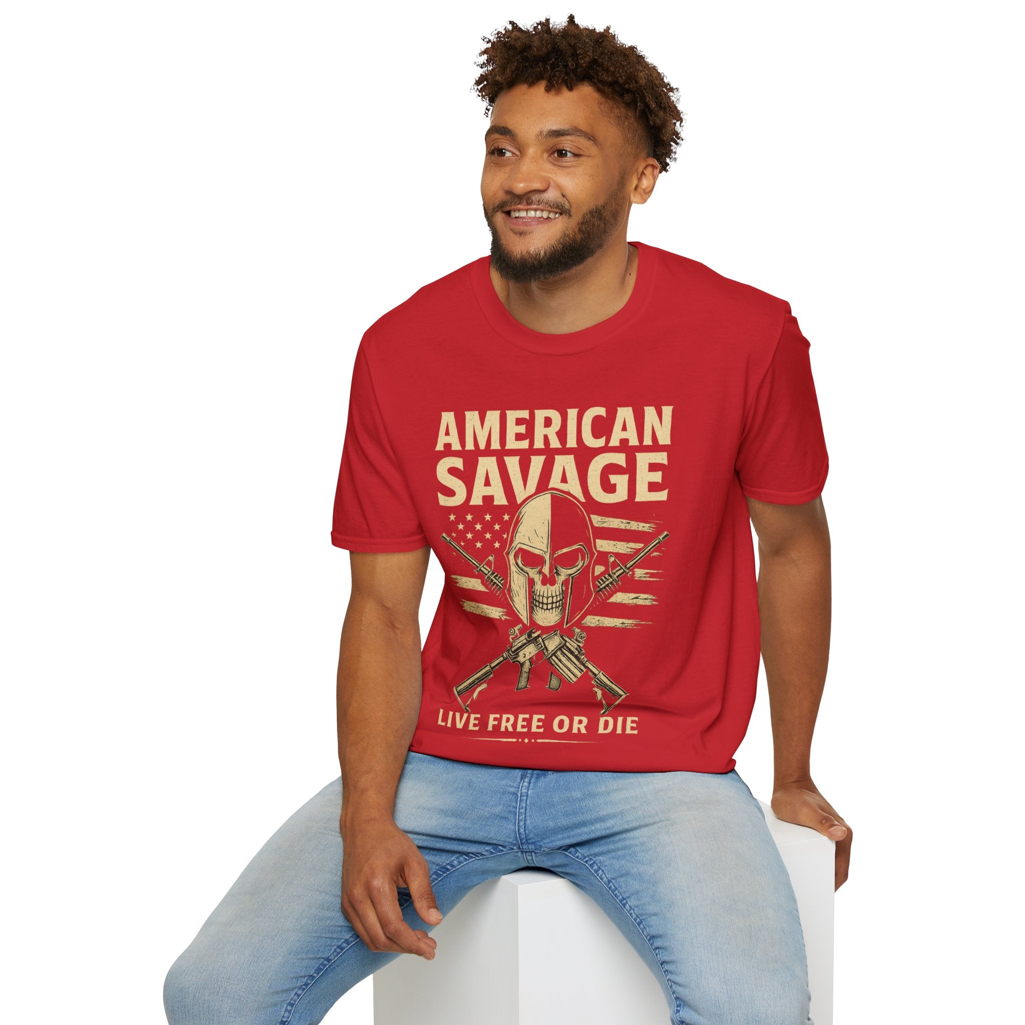 American Savage T-Shirt – "Live Free or Die" Skull & Flag Graphic