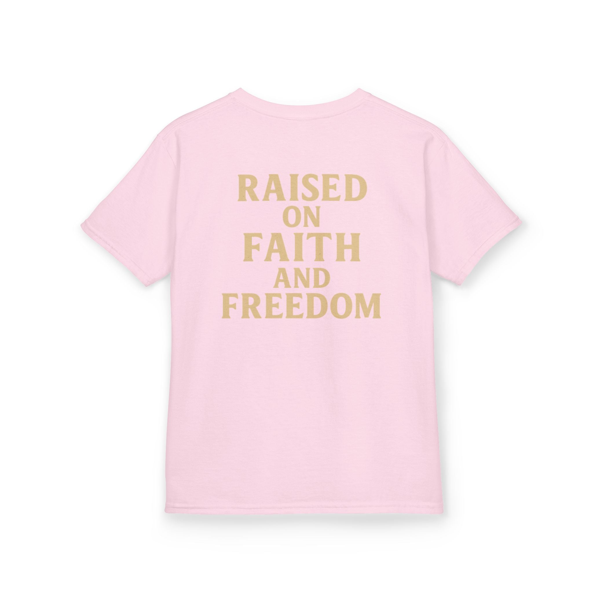 Kids T‑Shirt — 'Raised on Faith and Freedom' Patriotic Youth Tee