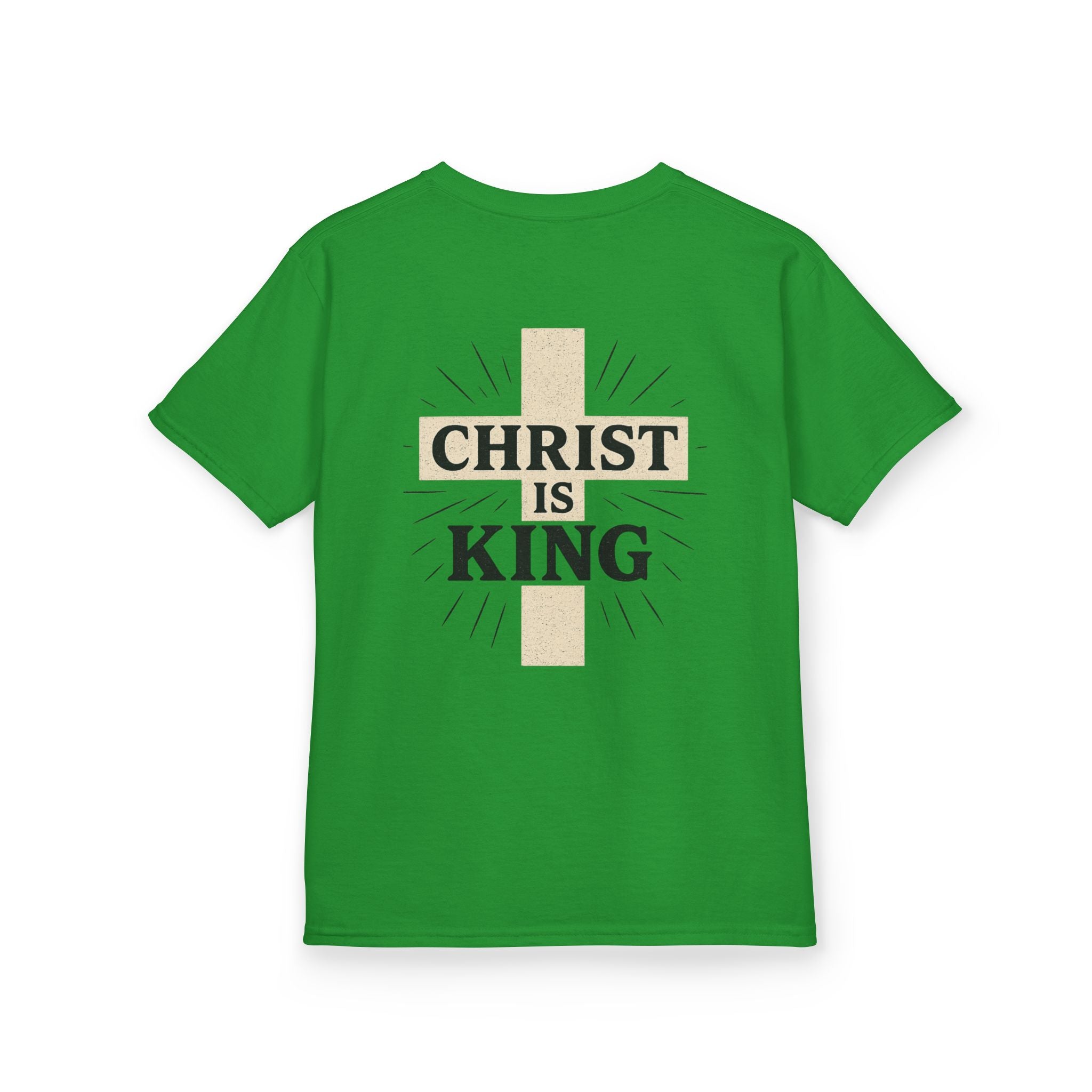 Kids Tee — "Christ Is King" Cross Back Christian Shirt