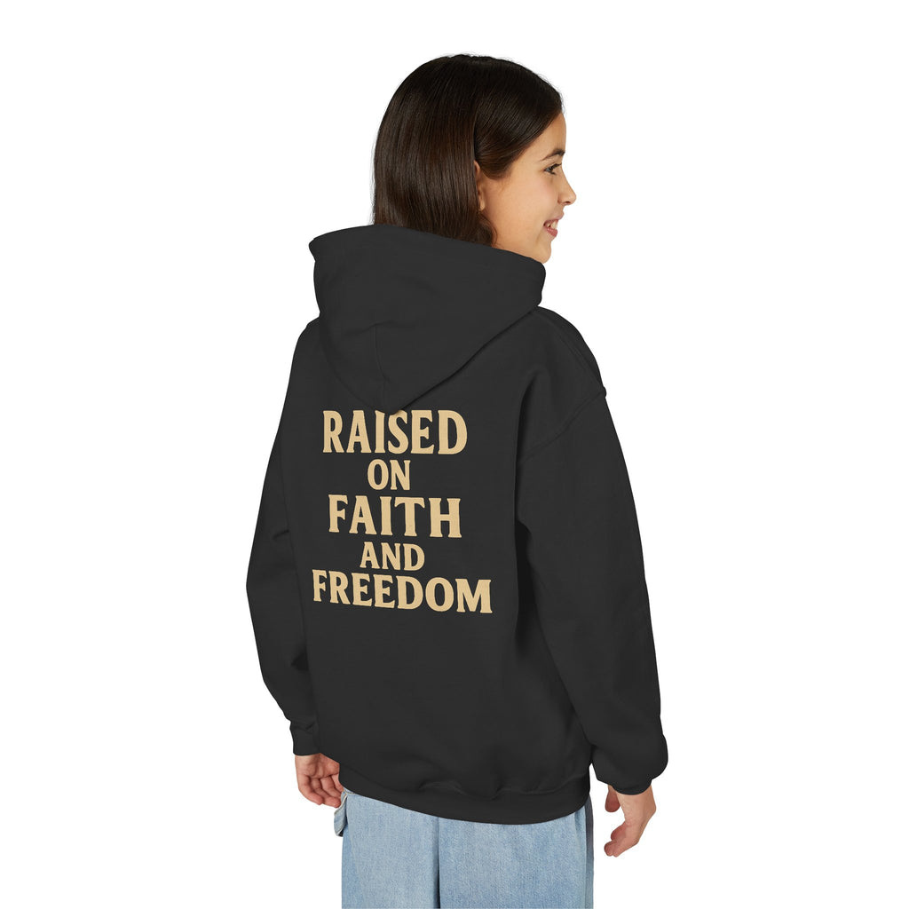 Youth Hoodie — "Raised on Faith and Freedom" Back Print