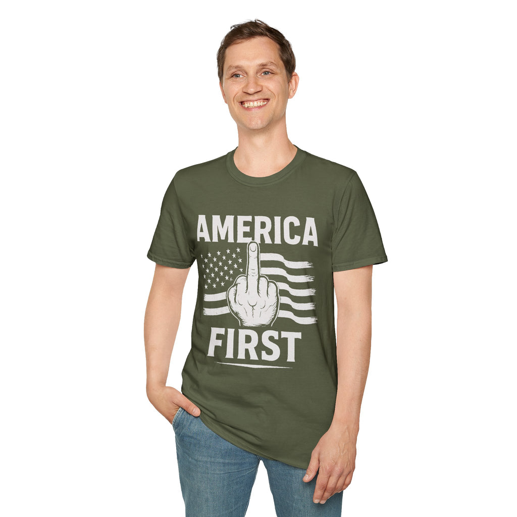 America First T-Shirt – Bold Patriotic Graphic Tee with Middle Finger Flag Design