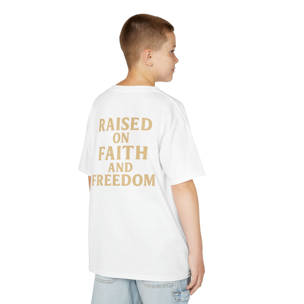 Kids T‑Shirt — 'Raised on Faith and Freedom' Patriotic Youth Tee