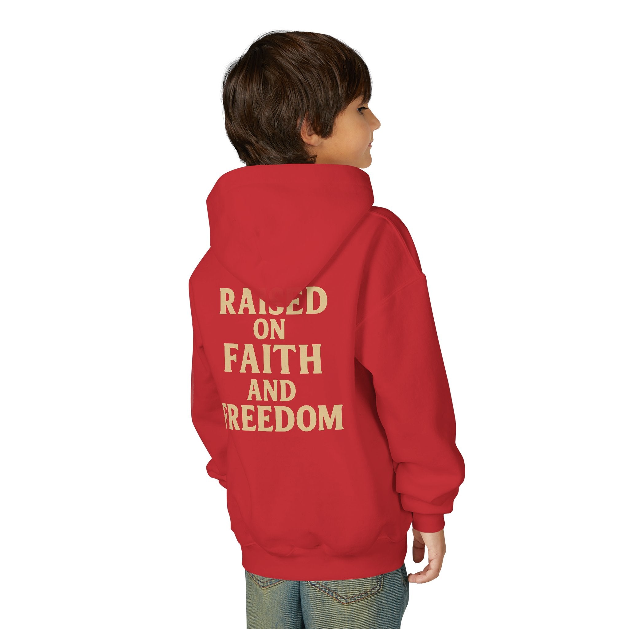 Youth Hoodie — "Raised on Faith and Freedom" Back Print