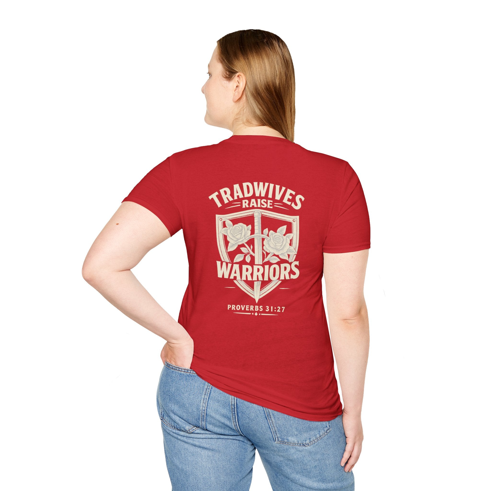 Tradwives Raise Warriors T-Shirt — Retro Shield Back Graphic & Small Chest Logo