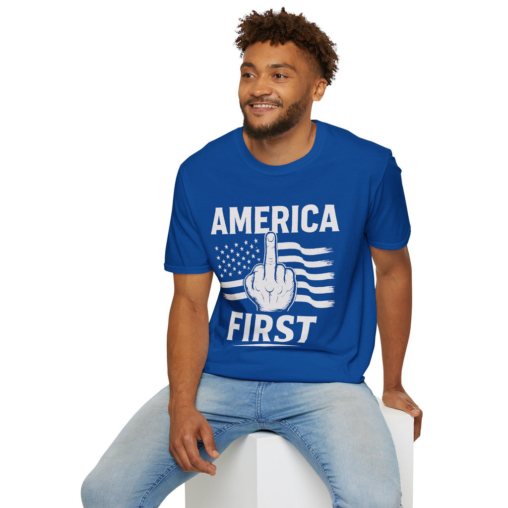 America First T-Shirt – Bold Patriotic Graphic Tee with Middle Finger Flag Design