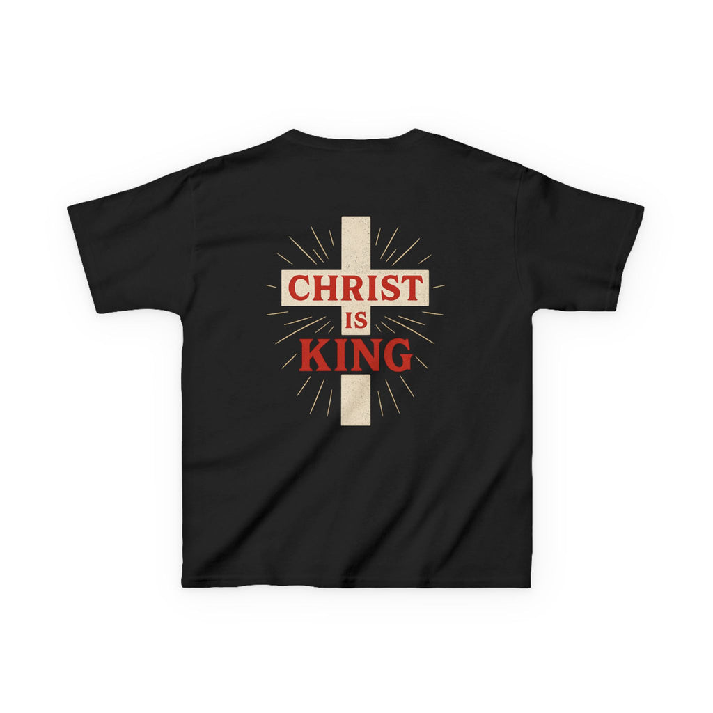 Kids Tee — "Christ Is King" Cross Back Christian Shirt