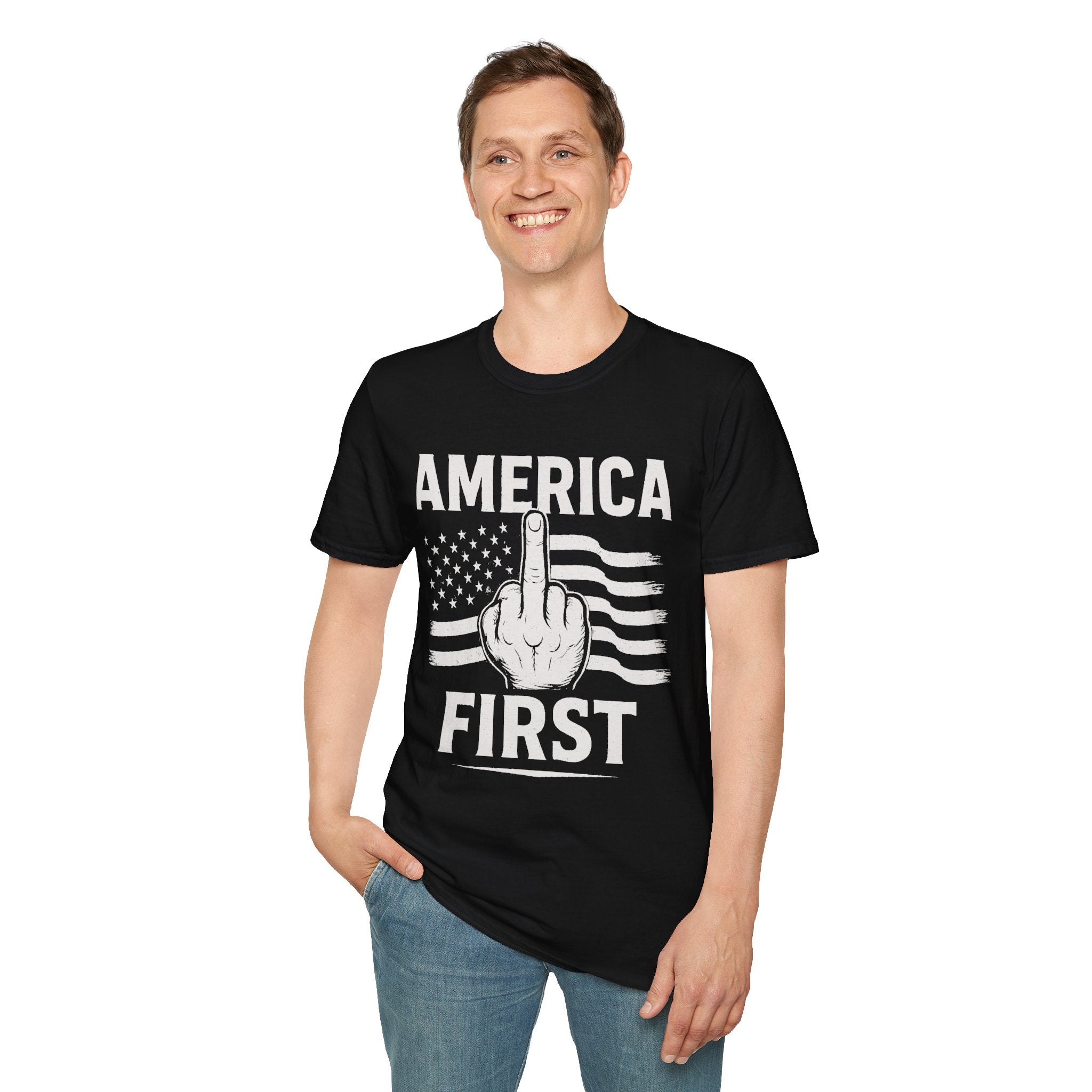America First T-Shirt – Bold Patriotic Graphic Tee with Middle Finger Flag Design
