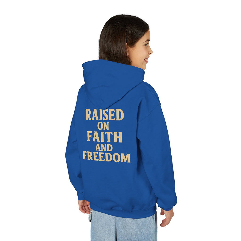 Youth Hoodie — "Raised on Faith and Freedom" Back Print