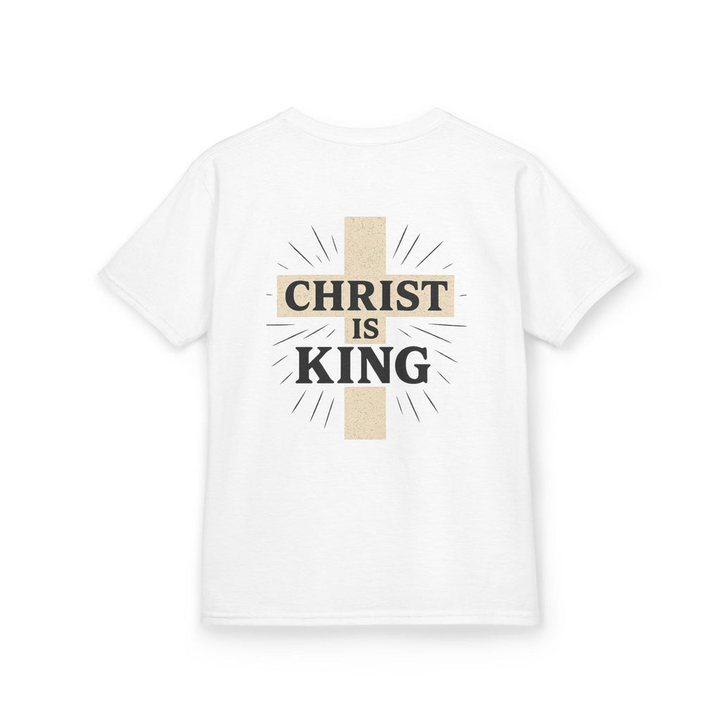 Kids Tee — "Christ Is King" Cross Back Christian Shirt