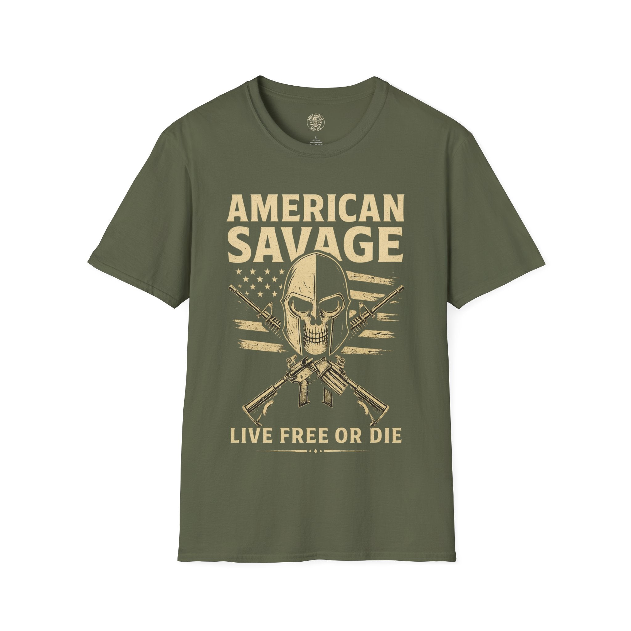 American Savage T-Shirt – "Live Free or Die" Skull & Flag Graphic