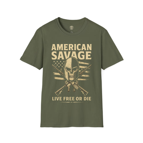 American Savage T-Shirt – "Live Free or Die" Skull & Flag Graphic
