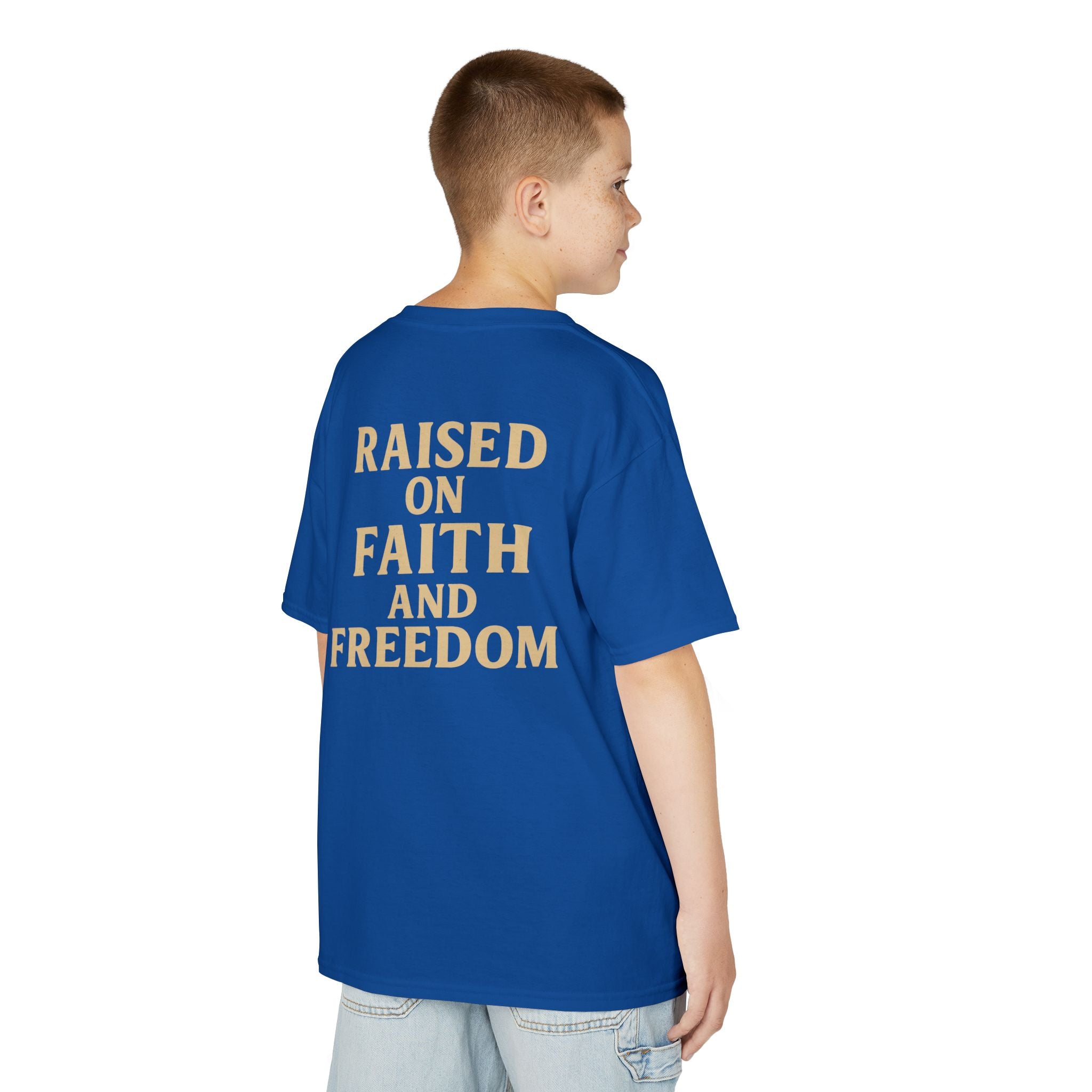Kids T‑Shirt — 'Raised on Faith and Freedom' Patriotic Youth Tee