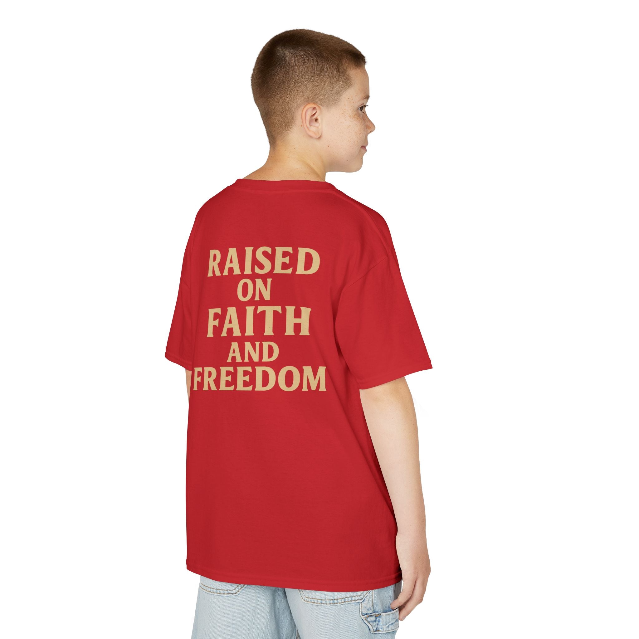 Kids T‑Shirt — 'Raised on Faith and Freedom' Patriotic Youth Tee