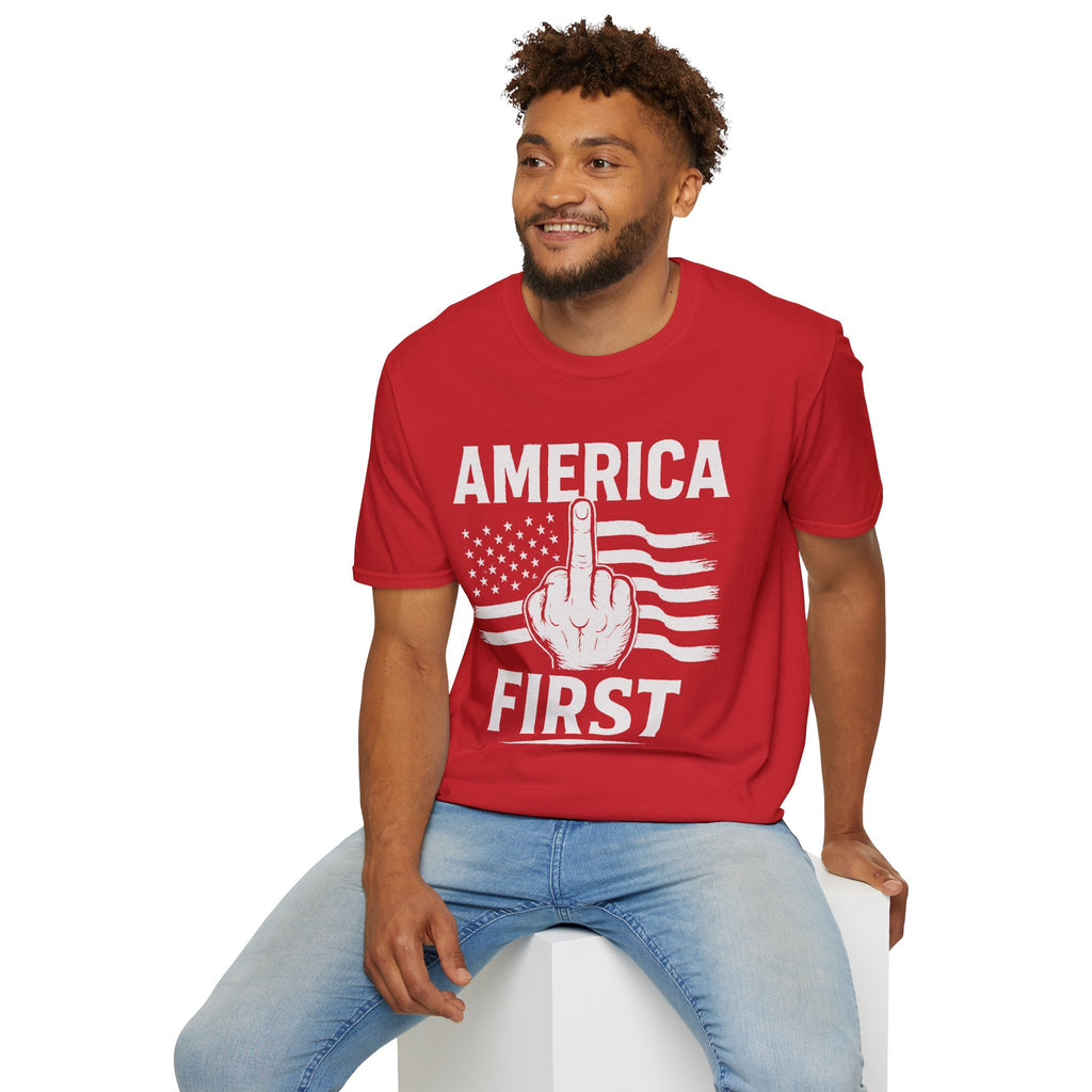 America First T-Shirt – Bold Patriotic Graphic Tee with Middle Finger Flag Design