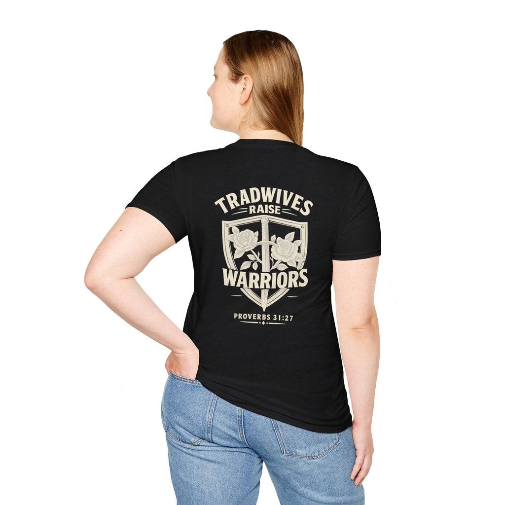 Tradwives Raise Warriors T-Shirt — Retro Shield Back Graphic & Small Chest Logo