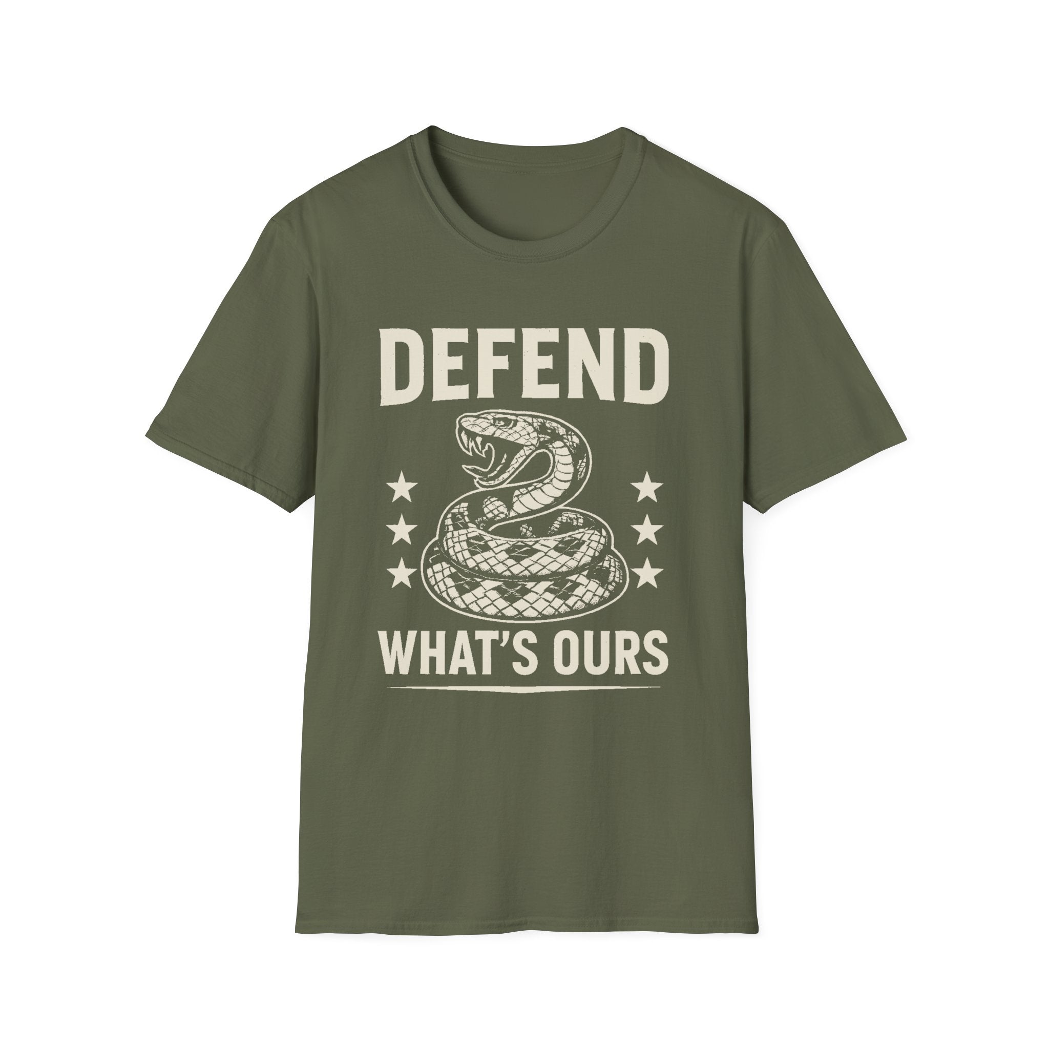 Defend What's Ours T-Shirt — Vintage Coiled Snake Patriotic Graphic Tee