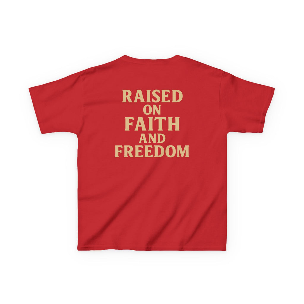 Kids T‑Shirt — 'Raised on Faith and Freedom' Patriotic Youth Tee